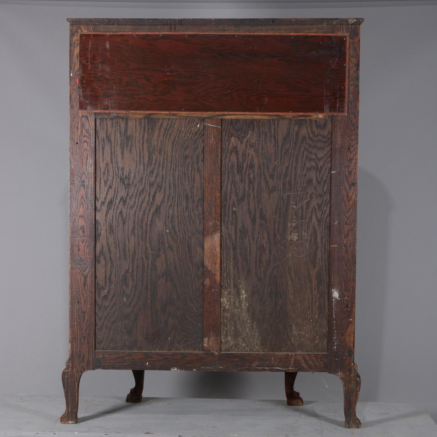 Antique Carved Oak & Curved Glass Mirror Back Paw Foot China Cabinet, circa 1910 1