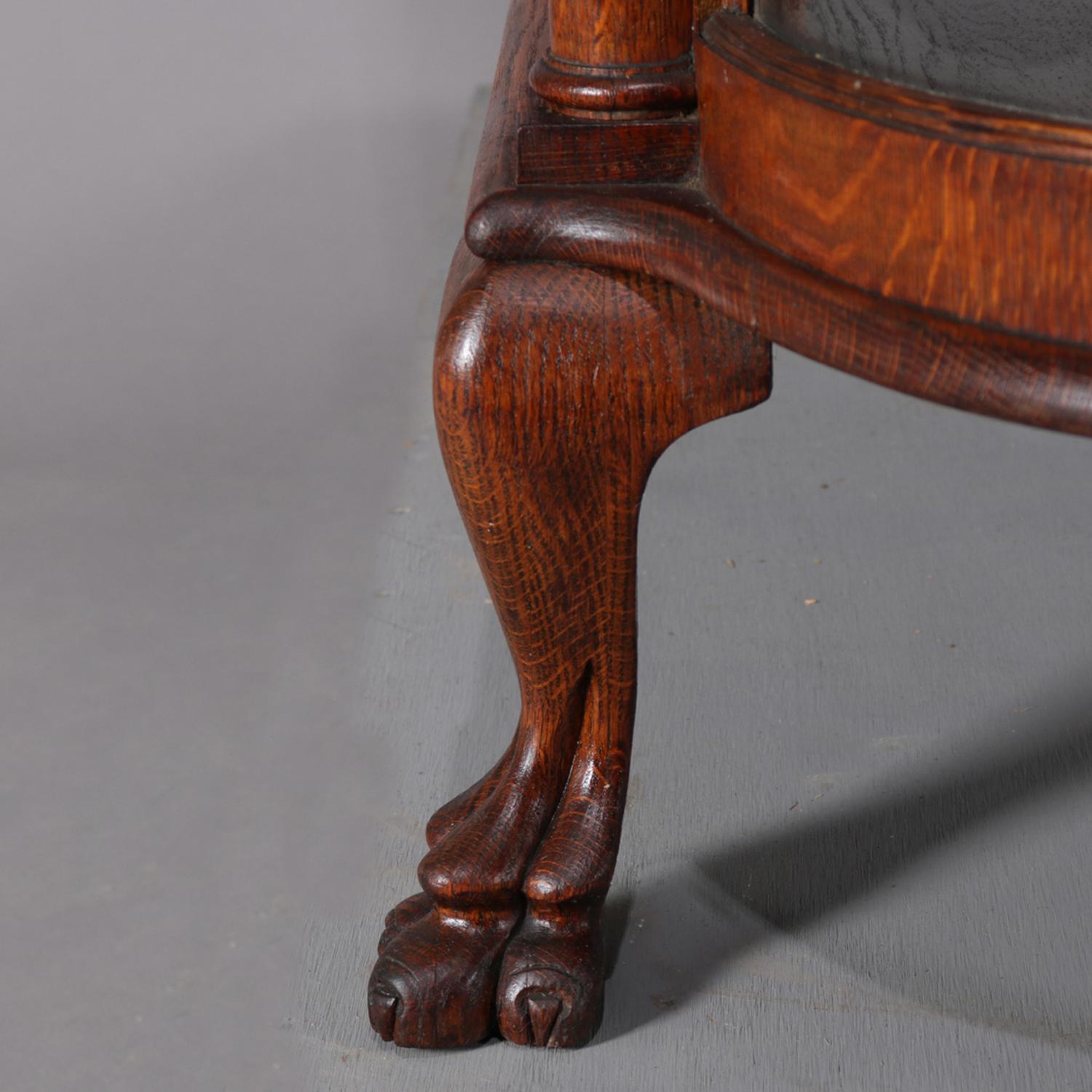 20th Century Antique Carved Oak & Curved Glass Mirror Back Paw Foot China Cabinet, circa 1910