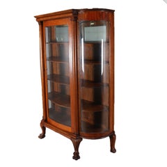 Vintage Carved Oak & Curved Glass Mirror Back Paw Foot China Cabinet, circa 1910