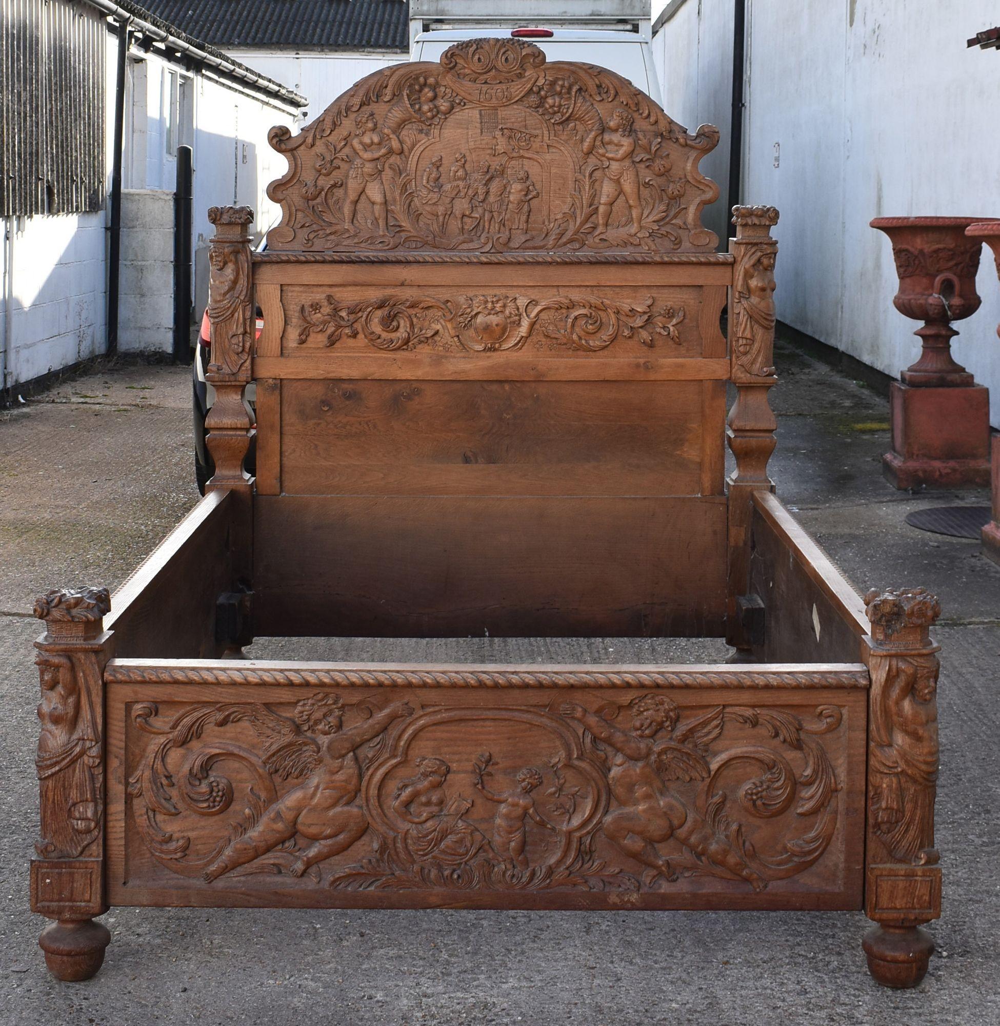 For sale is a good quality heavily carved antique oak bed, having an ornate headboard, with intricately hand carved side rails, the bed remains in good condition, showing signs of wear commensurate with age and use.

Width: 155cm Depth: 226cm