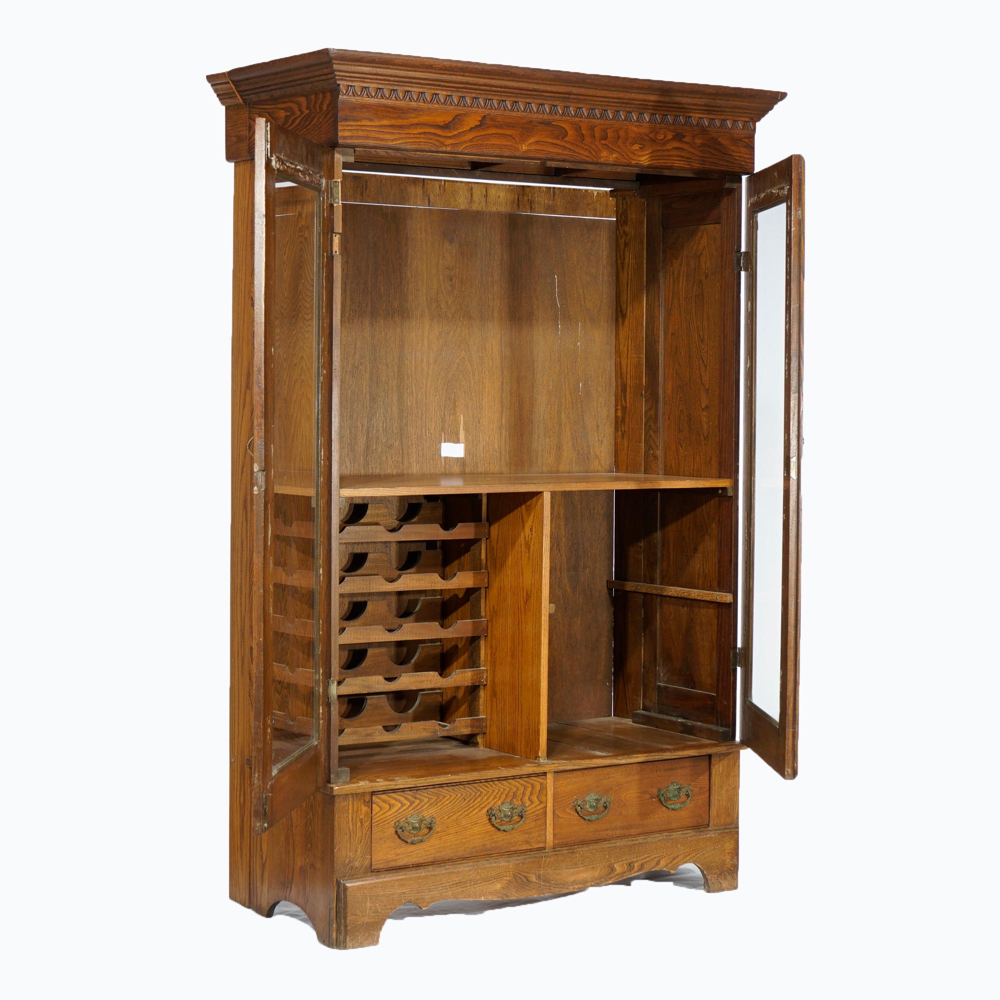 Arts and Crafts Antique Carved Oak Double Door Bookcase with Wine Rack c1920 For Sale