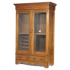 Used Carved Oak Double Door Bookcase with Wine Rack c1920