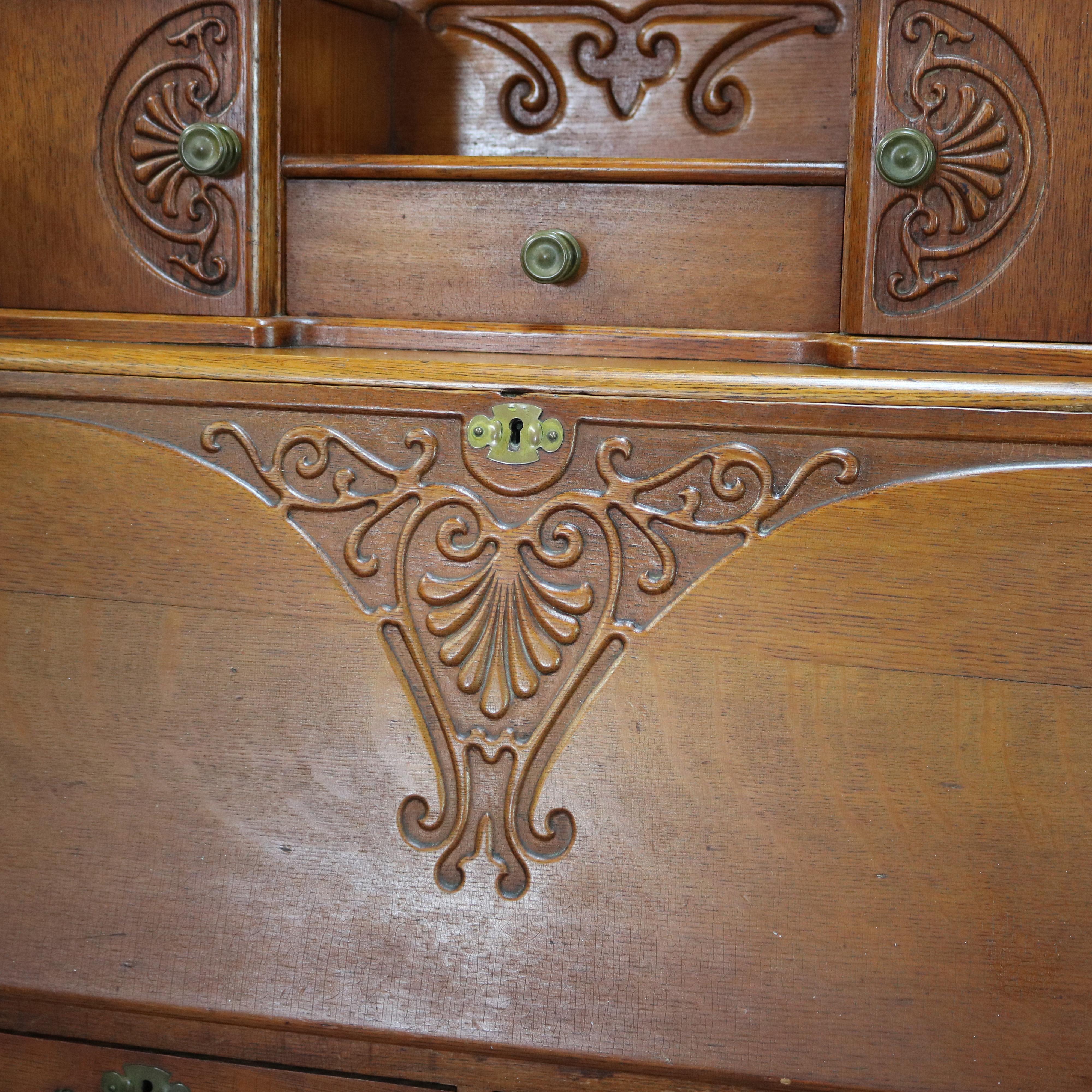 American Antique Carved Oak Drop Front RJ Horner School Cowboy Desk, circa 1910