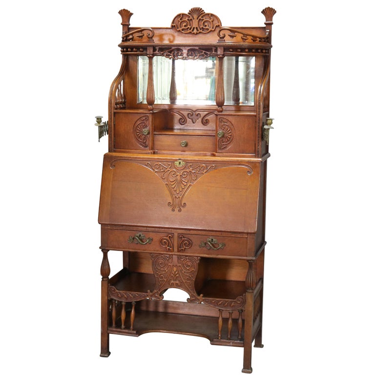 Antique Carved Oak Drop Front RJ Horner School Cowboy Desk, circa 1910 For Sale