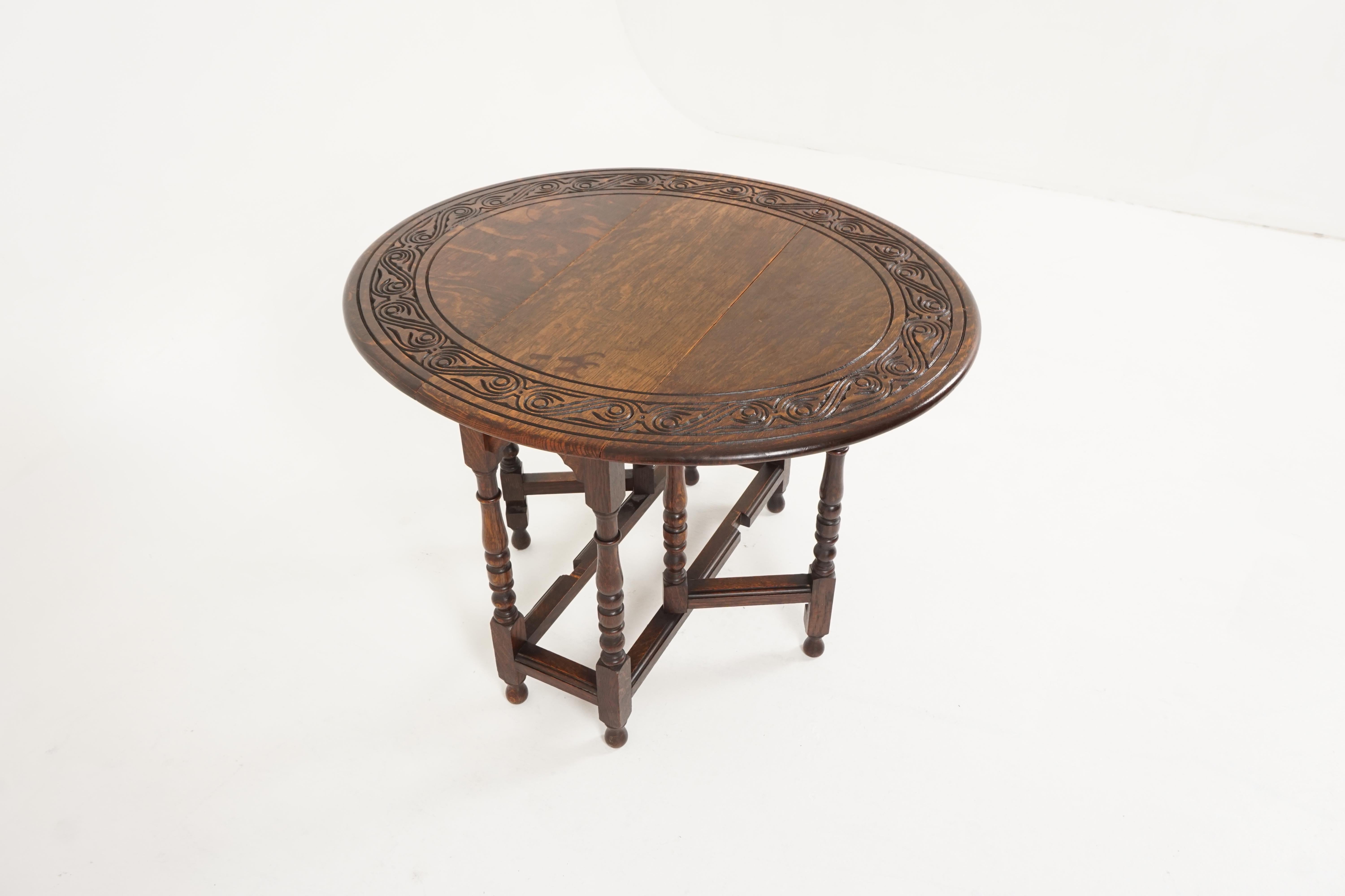 Antique Carved Oak Drop-Leaf, Gateleg Table, Scotland 1910, B2135 In Good Condition In Vancouver, BC