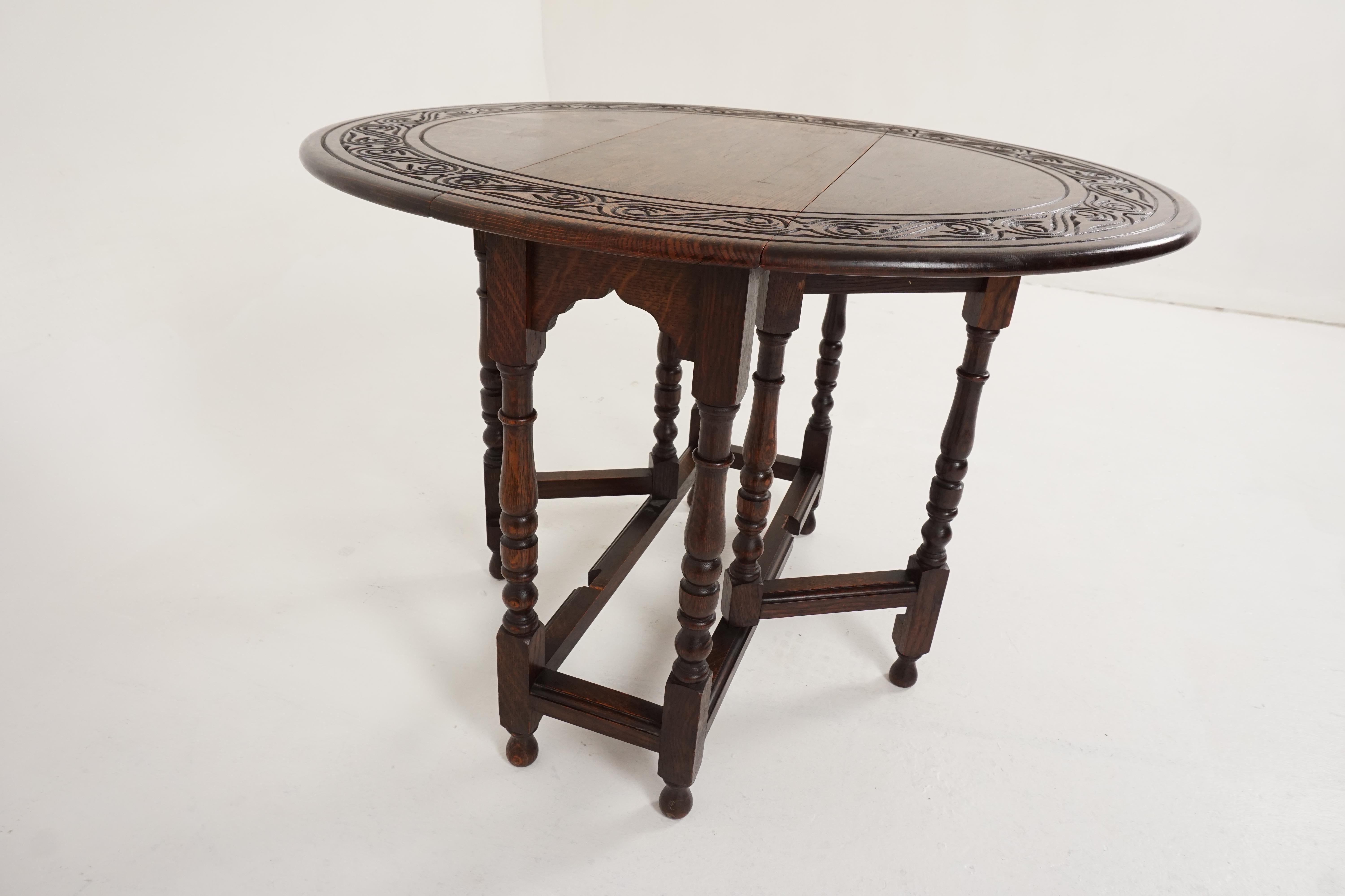 Antique Carved Oak Drop-Leaf, Gateleg Table, Scotland 1910, B2135 3