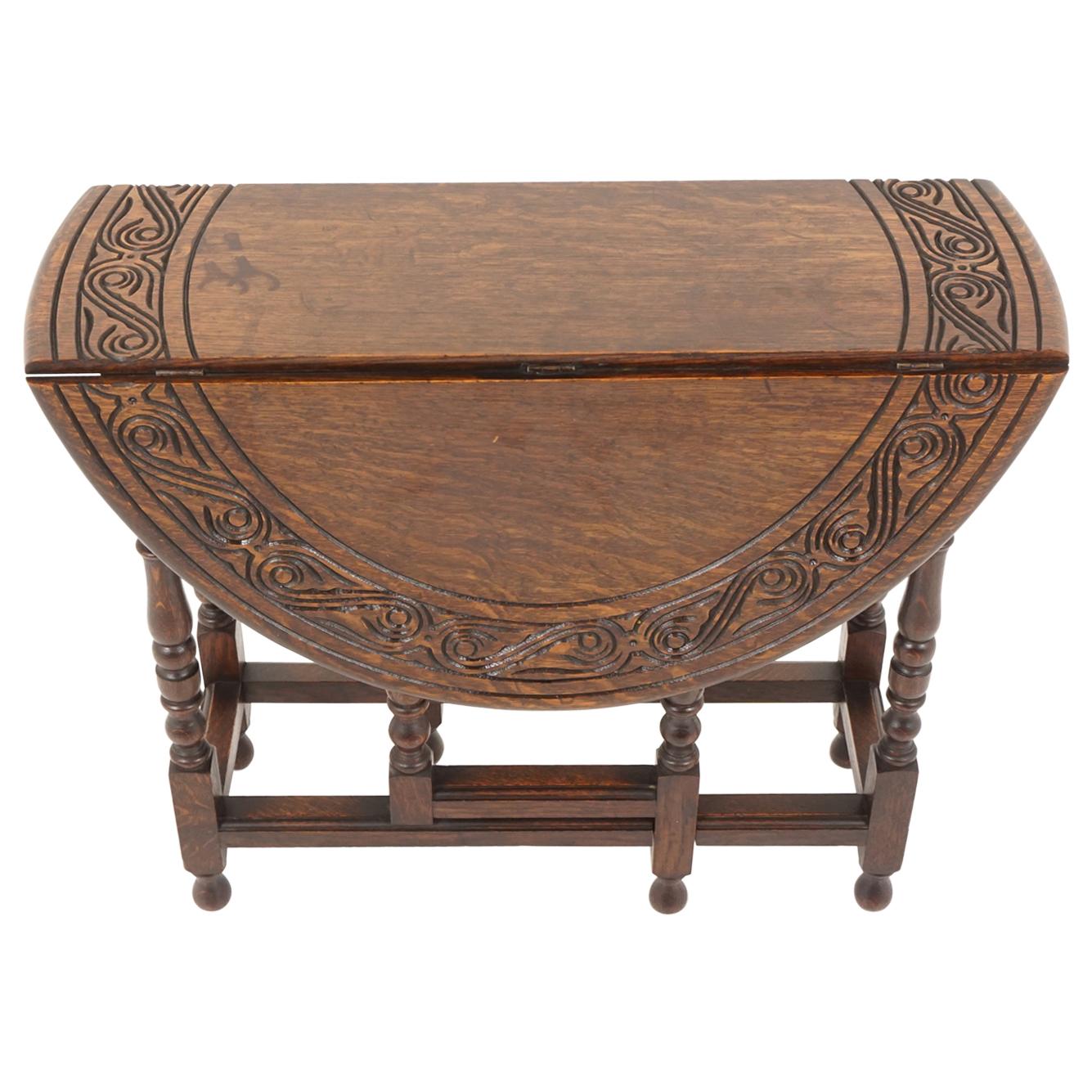 Antique Carved Oak Drop-Leaf, Gateleg Table, Scotland 1910, B2135