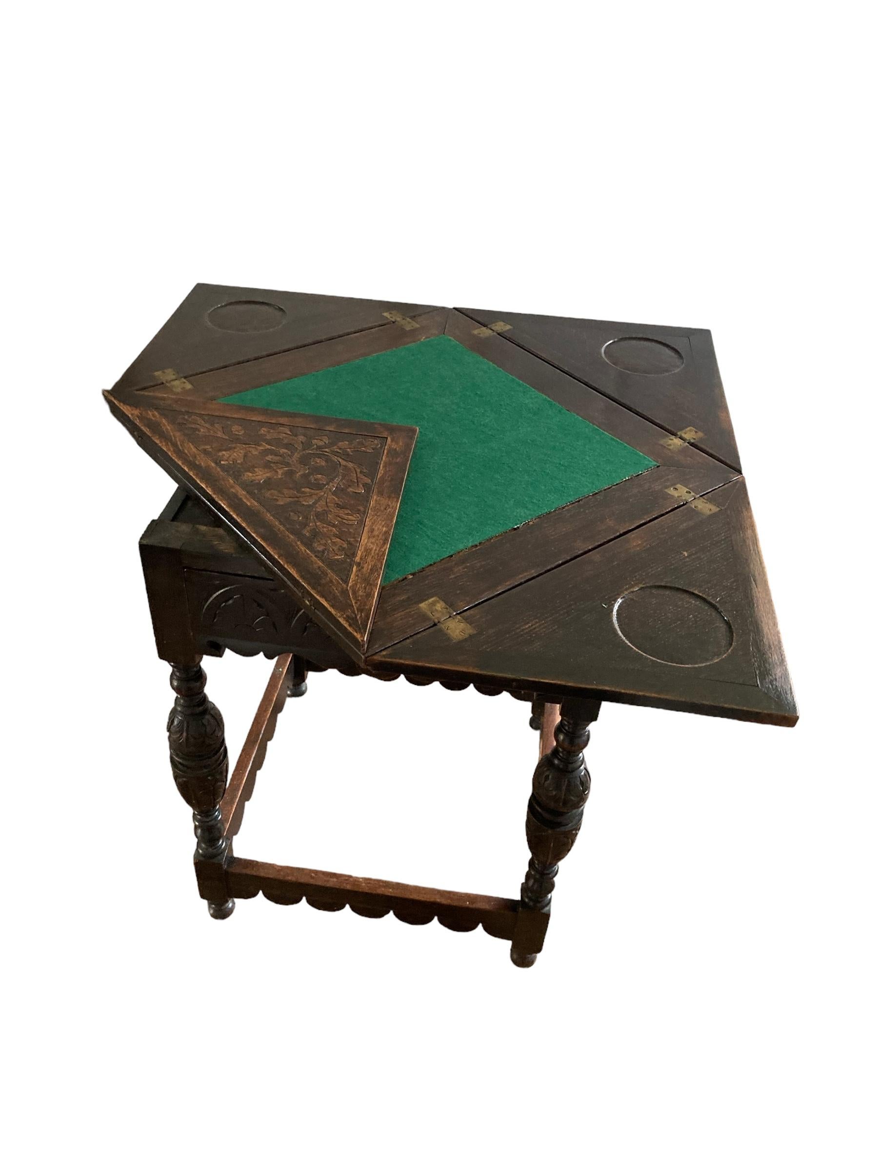 Antique Carved Oak Envelope card Table with Single Drawer and gaming wells. For Sale 4