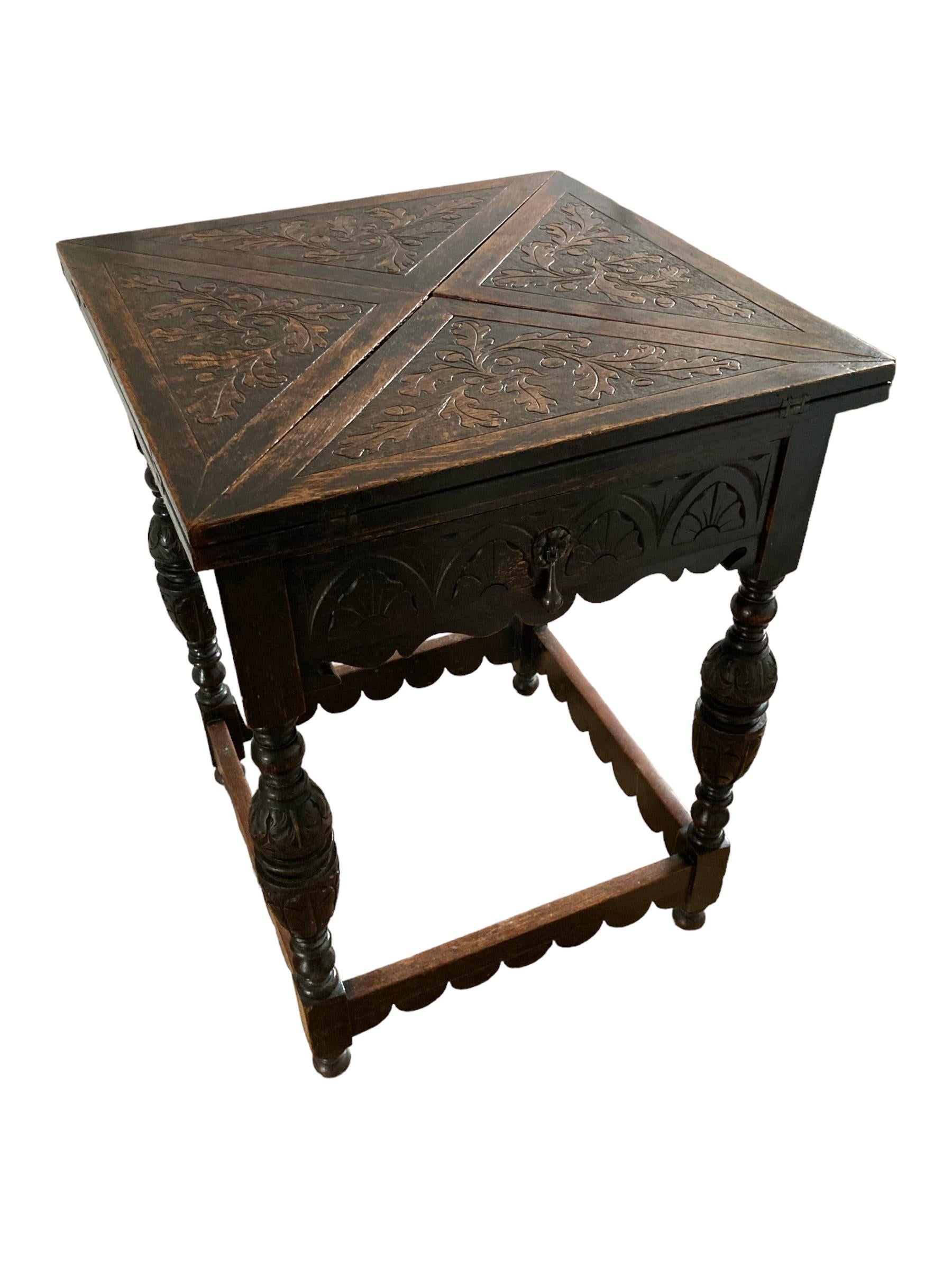 Antique Carved Oak Envelope card Table with Single Drawer and gaming wells. For Sale 5