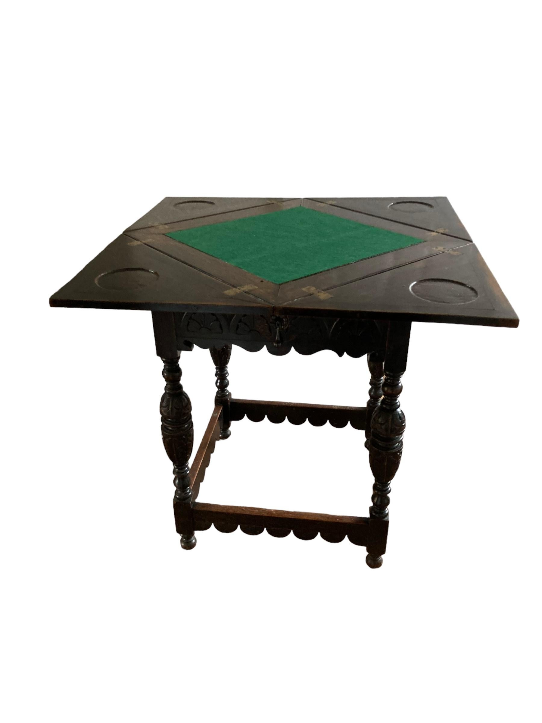 Antique Carved Oak Envelope card Table with Single Drawer and gaming wells. For Sale 6