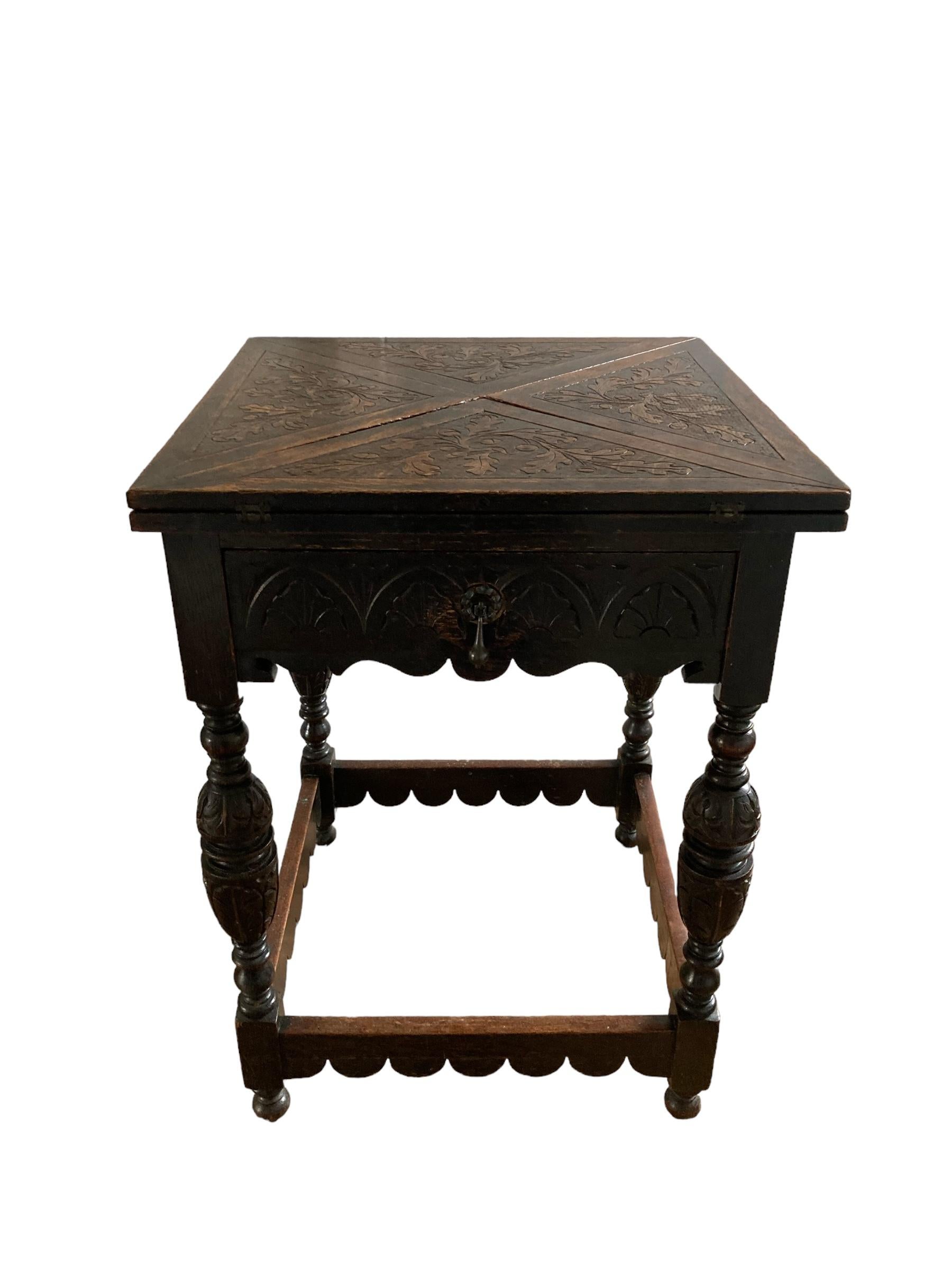 Antique Carved Oak Envelope card Table with Single Drawer and gaming wells. For Sale 7