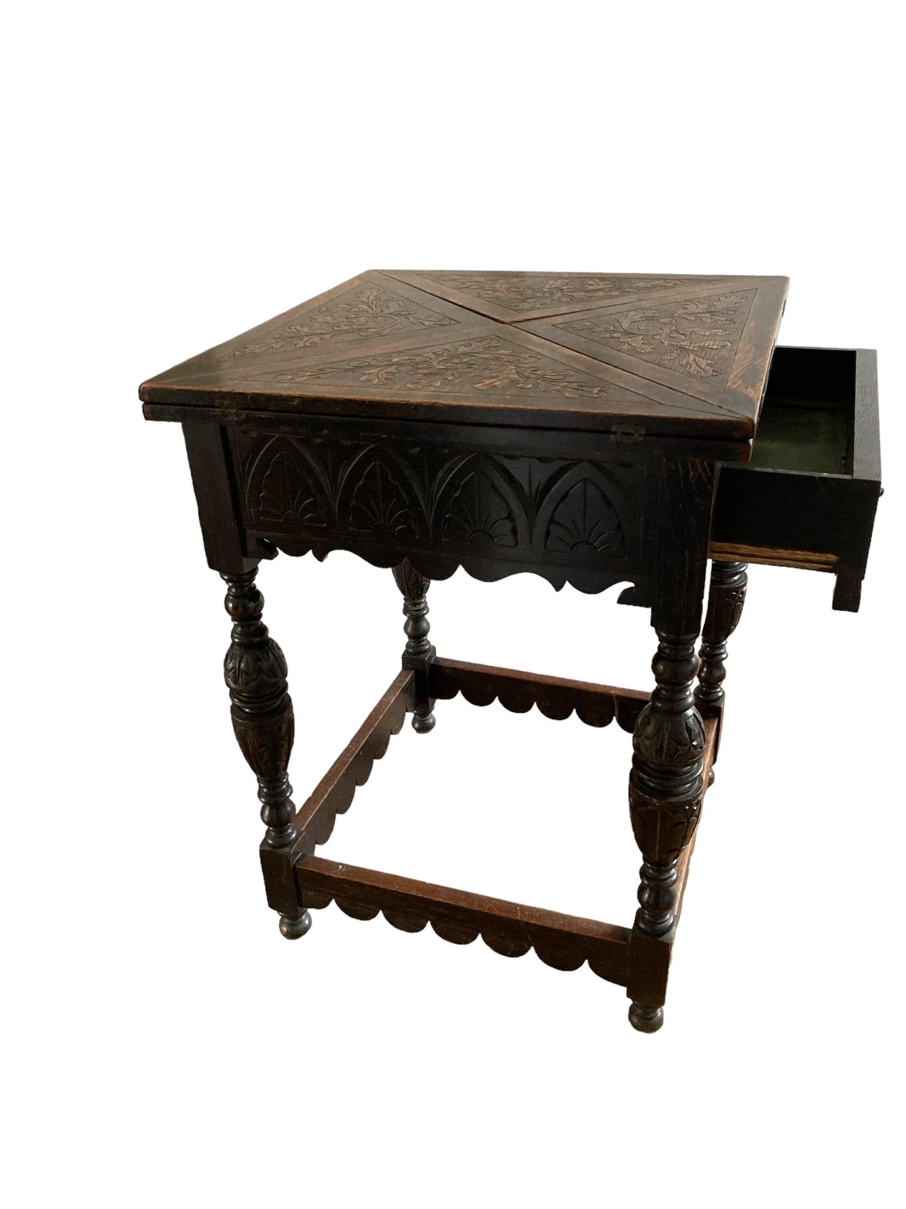 Antique Carved Oak Envelope card Table with Single Drawer and gaming wells. For Sale 1