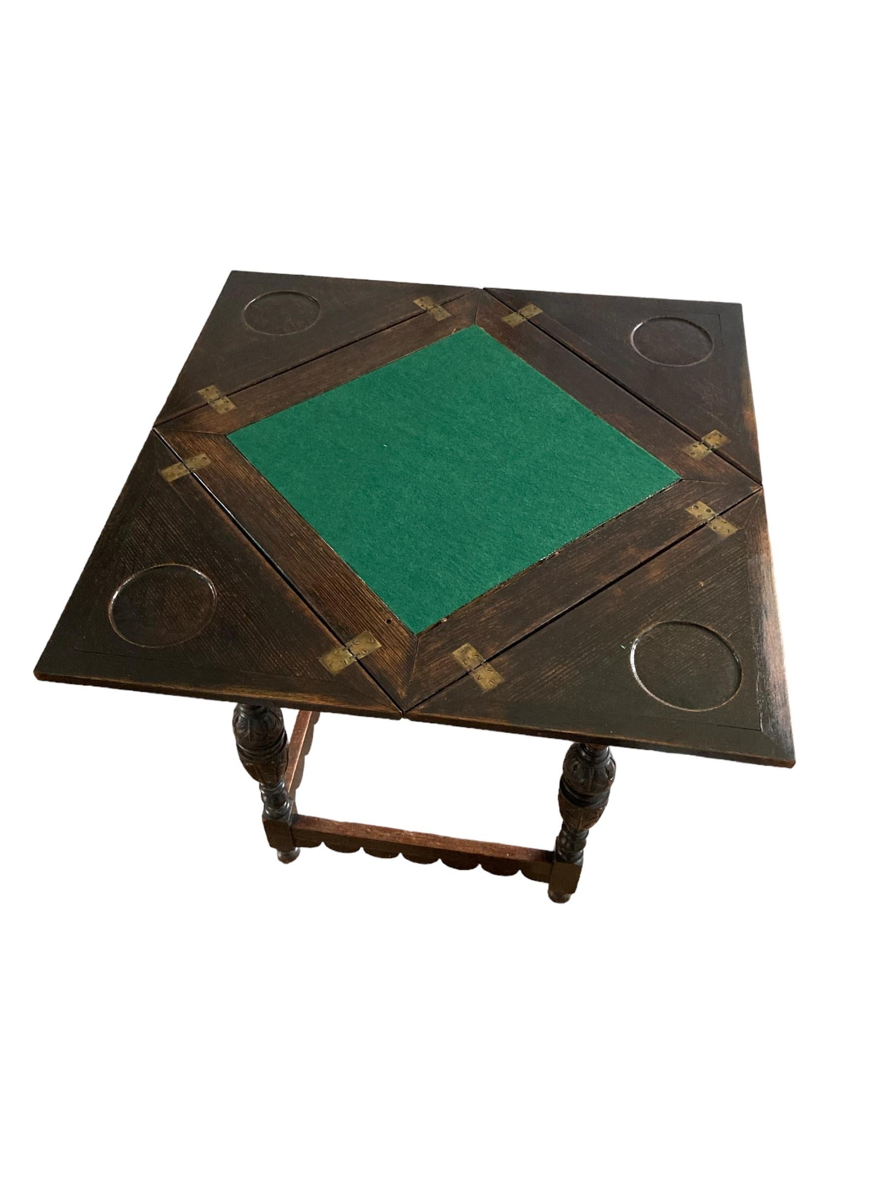 Antique Carved Oak Envelope card Table with Single Drawer and gaming wells. For Sale 2