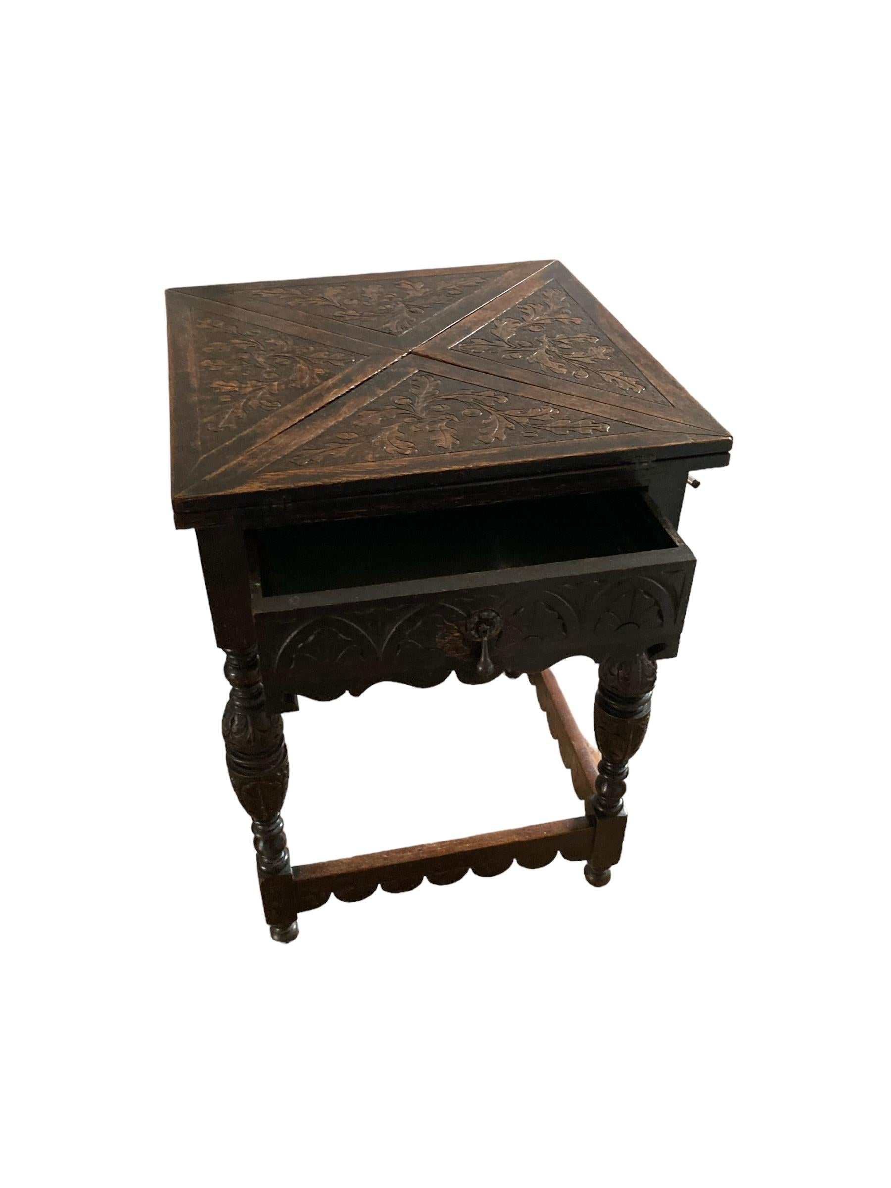 Antique Carved Oak Envelope card Table with Single Drawer and gaming wells. For Sale 3
