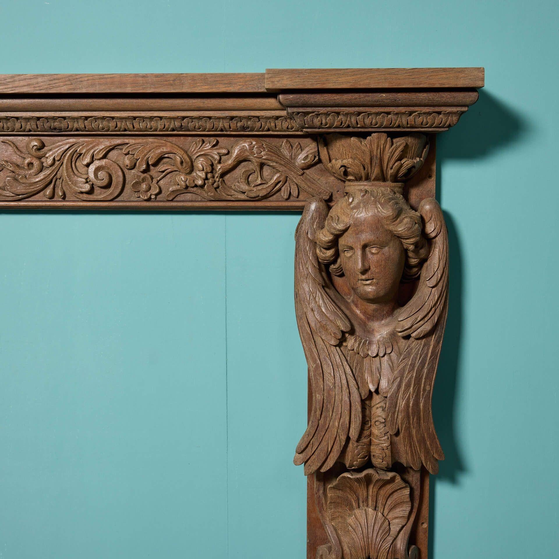 Antique Carved Oak Fire Mantel In Fair Condition For Sale In Wormelow, Herefordshire