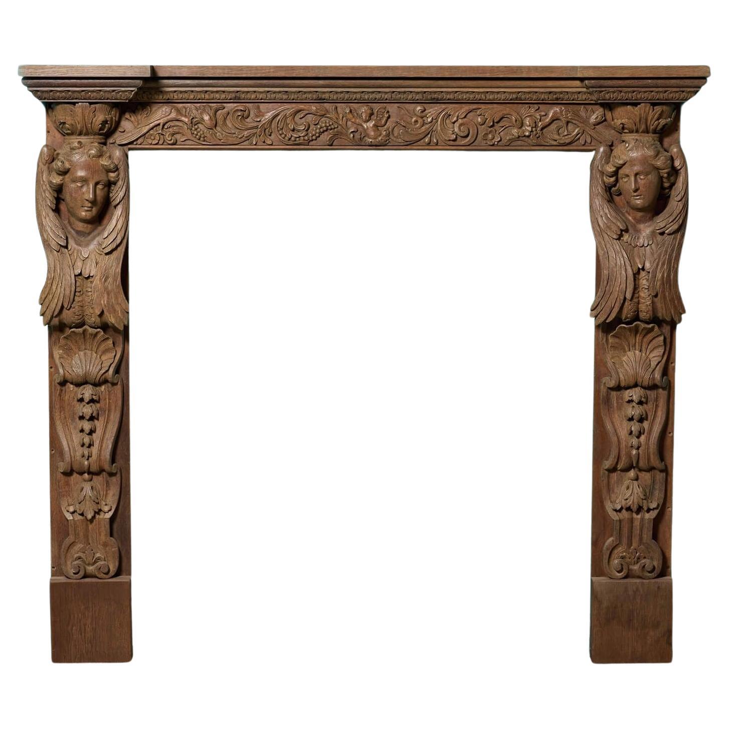 Antique Carved Oak Fire Mantel For Sale