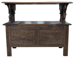Antique Carved Oak Flip-Top Hall Bench with Storage Chest