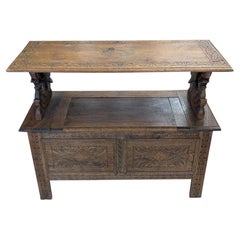 Antique Carved Oak Flip-Top Hall Bench with Storage Chest
