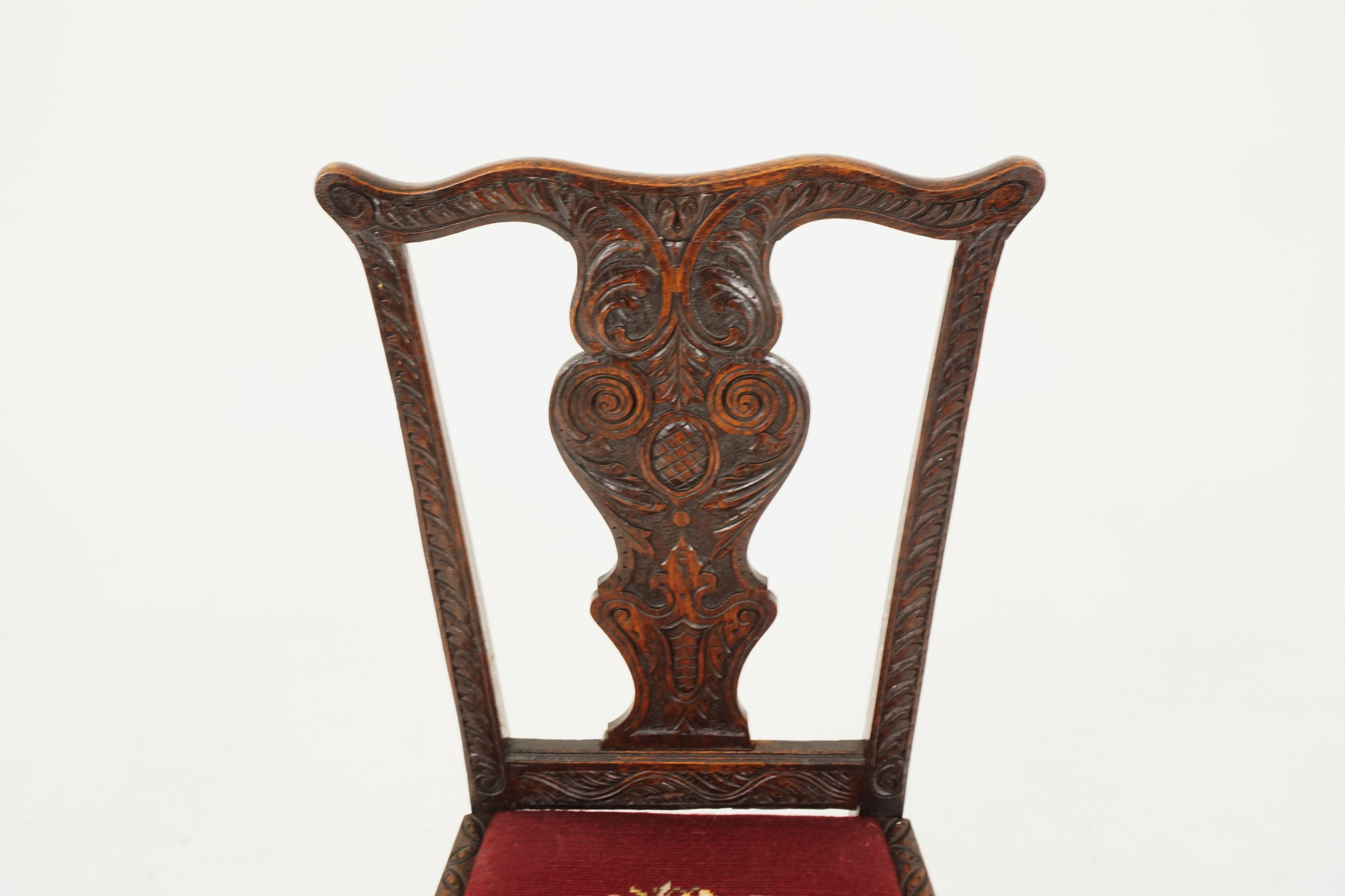 Antique carved oak Georgian hall chair upholstered seat, Scotland 1820, H33

Scotland, 1820
Solid oak
Original finish
Shaped top
Carved slat to the back
Carved supports on the ends
Upholstered needlepoint seat
Standing on carved rectangular