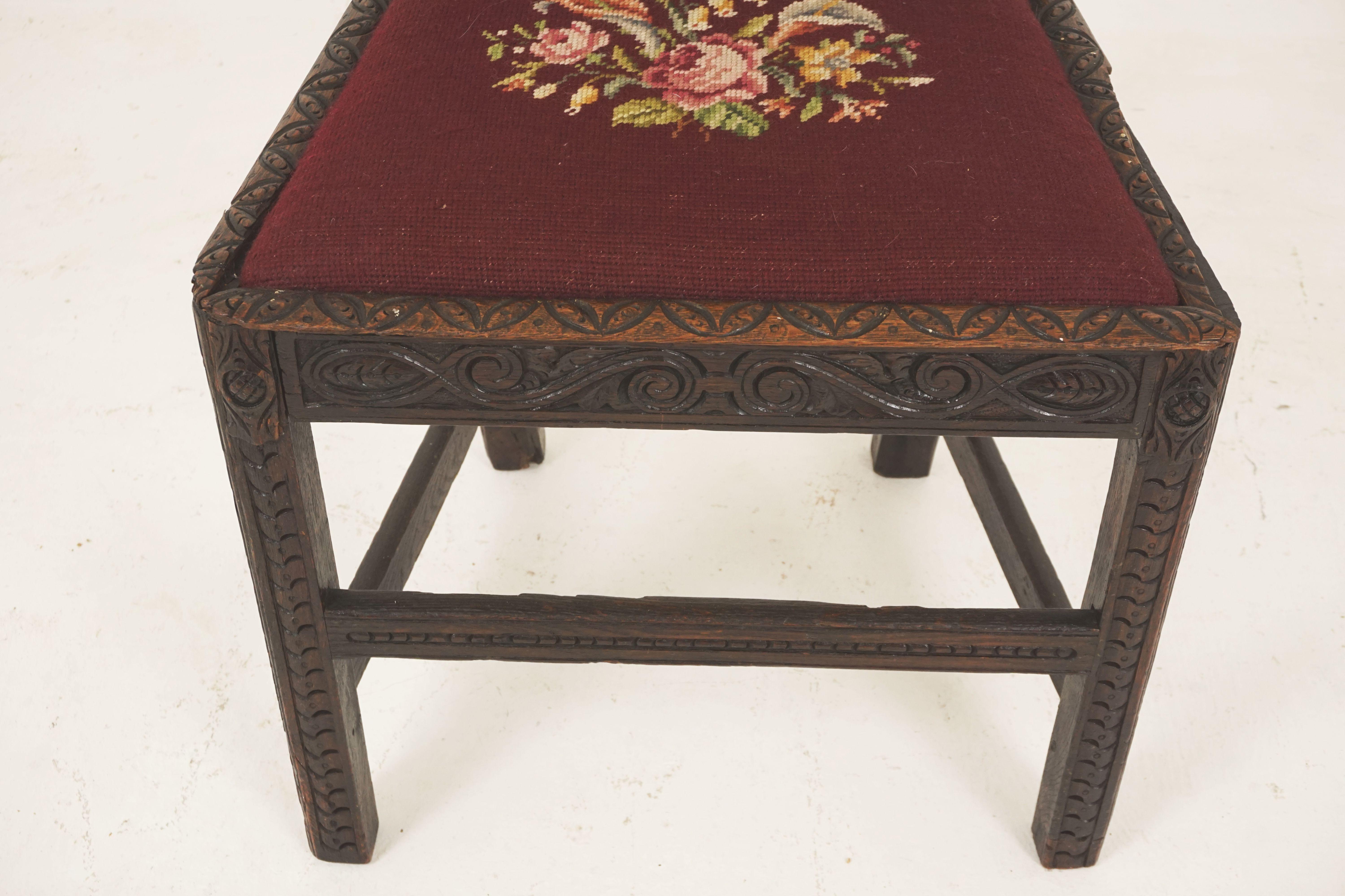 Hand-Crafted Antique Carved Oak Georgian Hall Chair Upholstered Seat, Scotland 1820, H33
