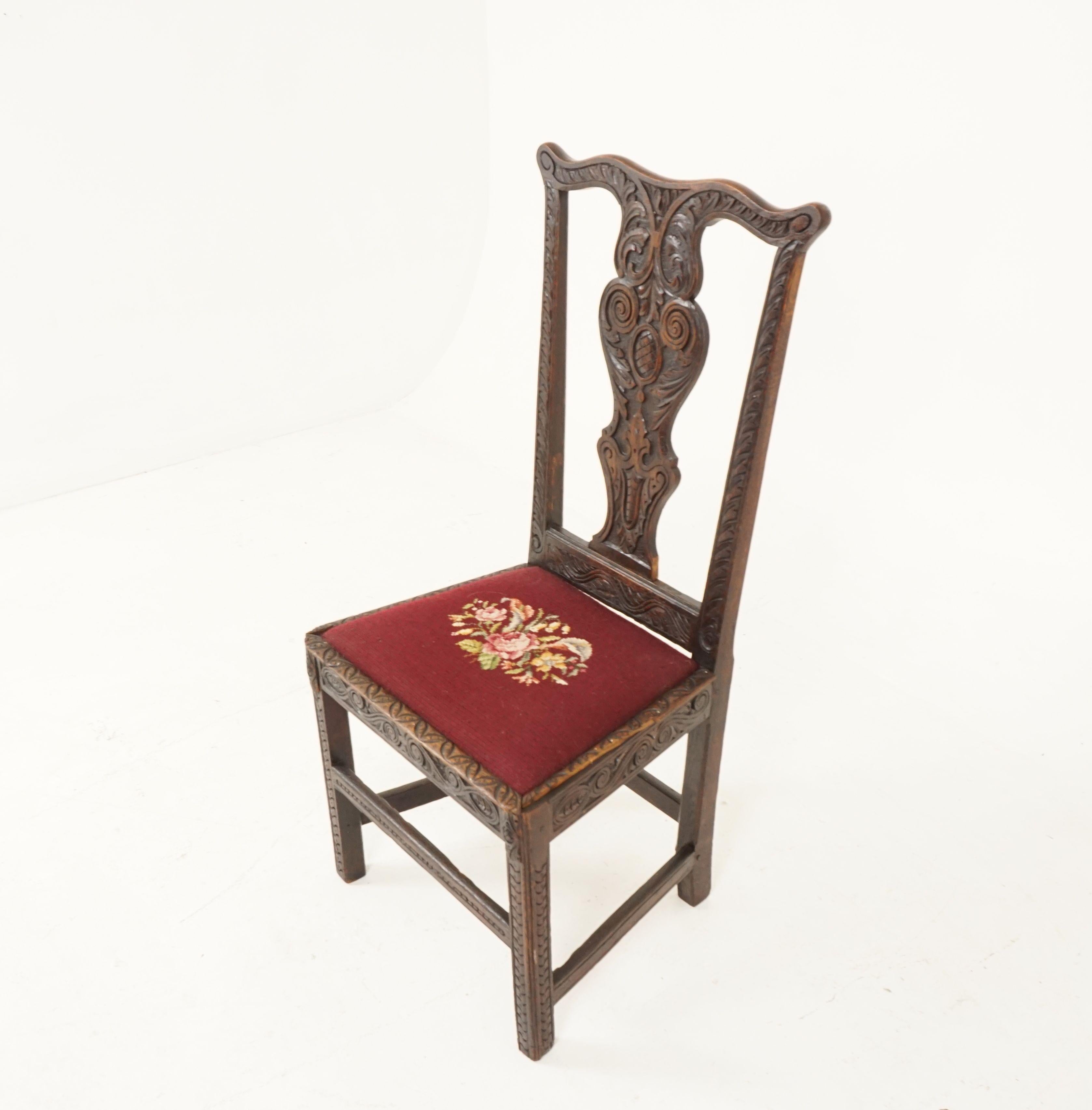 Antique Carved Oak Georgian Hall Chair Upholstered Seat, Scotland 1820, H33 In Good Condition In Vancouver, BC