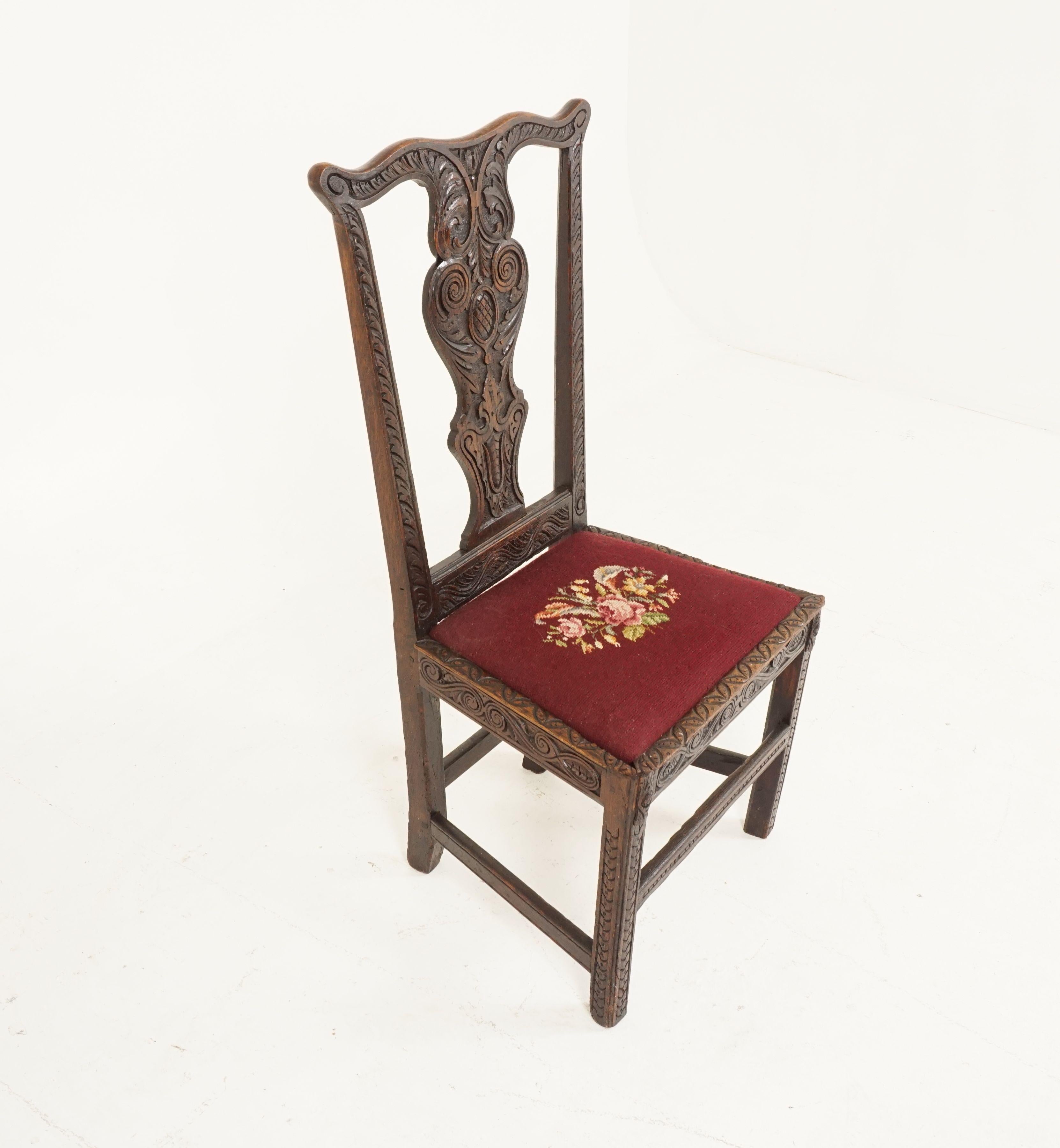 Early 19th Century Antique Carved Oak Georgian Hall Chair Upholstered Seat, Scotland 1820, H33