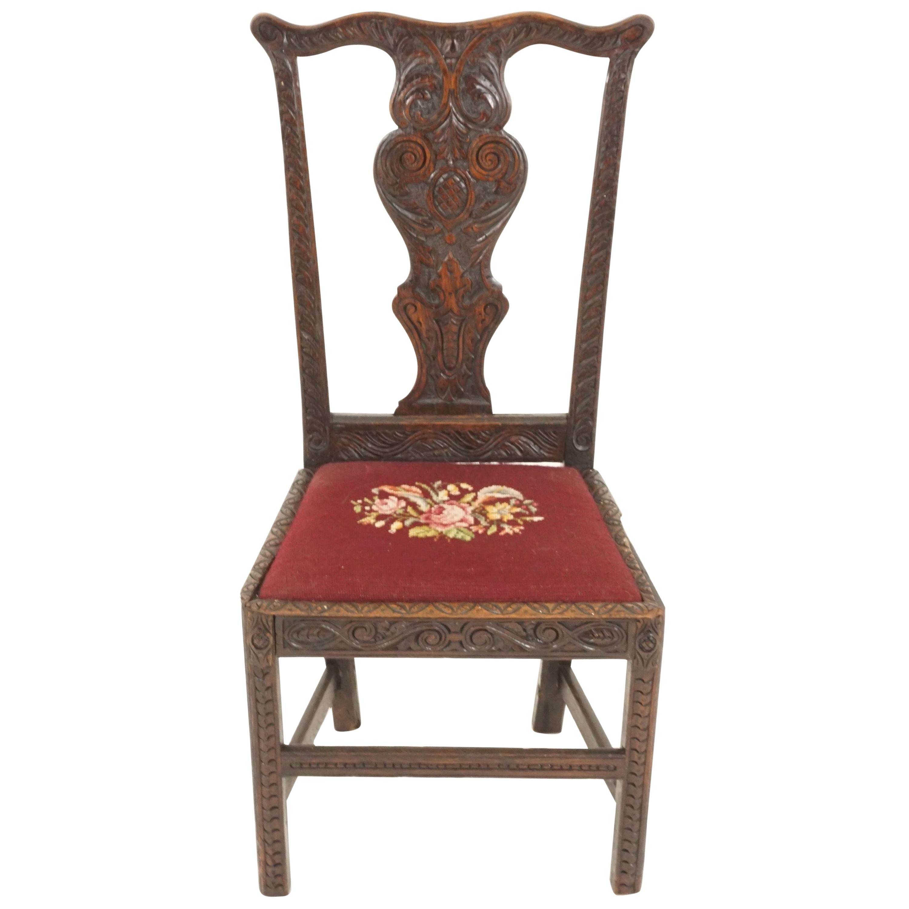 Antique Carved Oak Georgian Hall Chair Upholstered Seat, Scotland 1820, H33