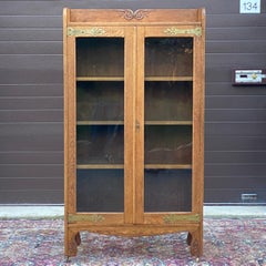 Antique Carved Oak Glass Door Locking Bookcase with Decorative Brass