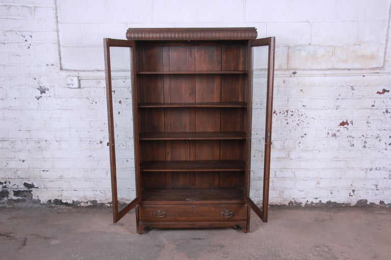 Antique Carved Oak Glass Front Locking Bookcase at 1stDibs