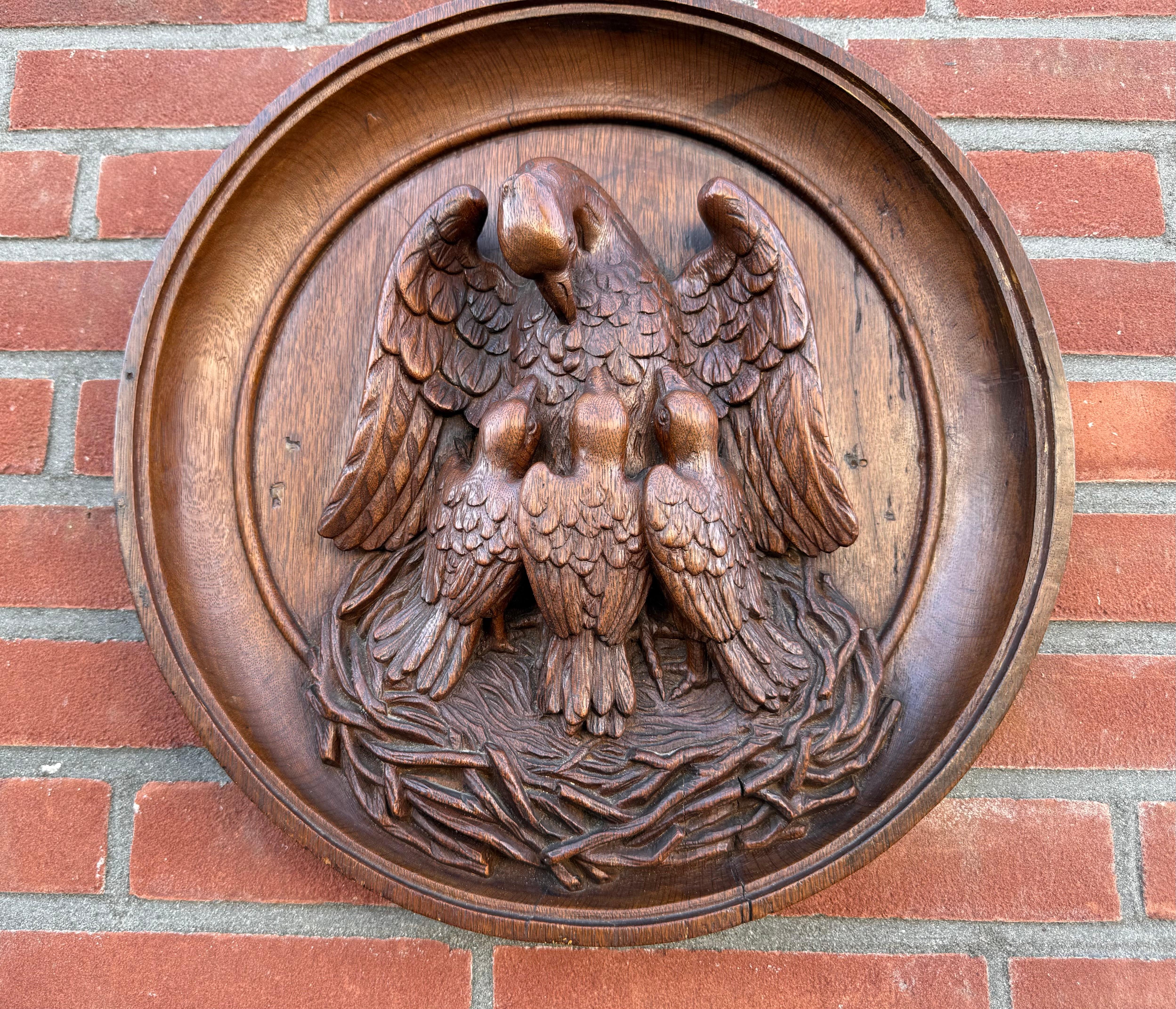 Gothic Revival Antique Carved Oak Gothic Art Round Panel of Feeding Pelican as Symbol of Christ For Sale