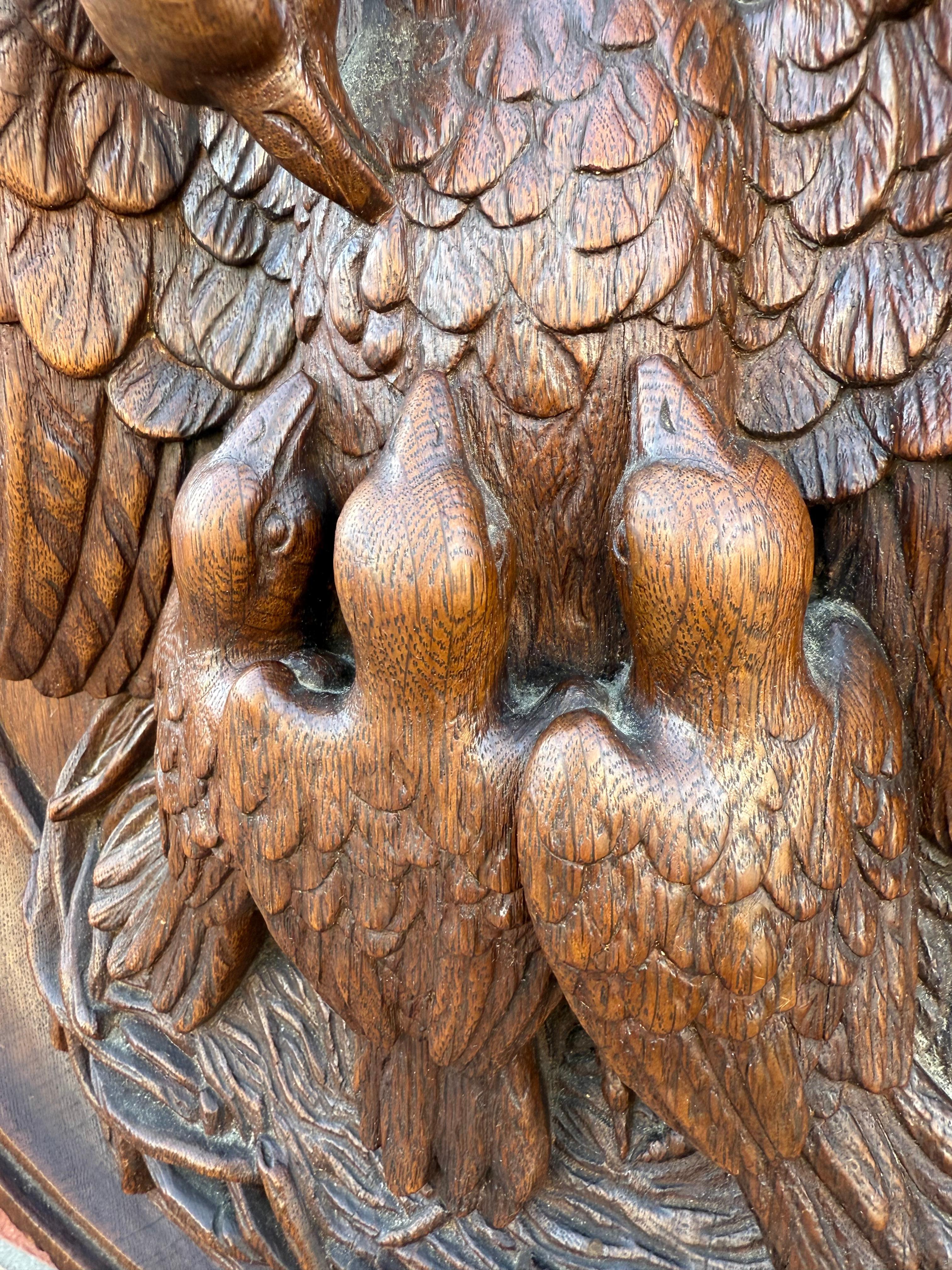 Hand-Crafted Antique Carved Oak Gothic Art Round Panel of Feeding Pelican as Symbol of Christ For Sale