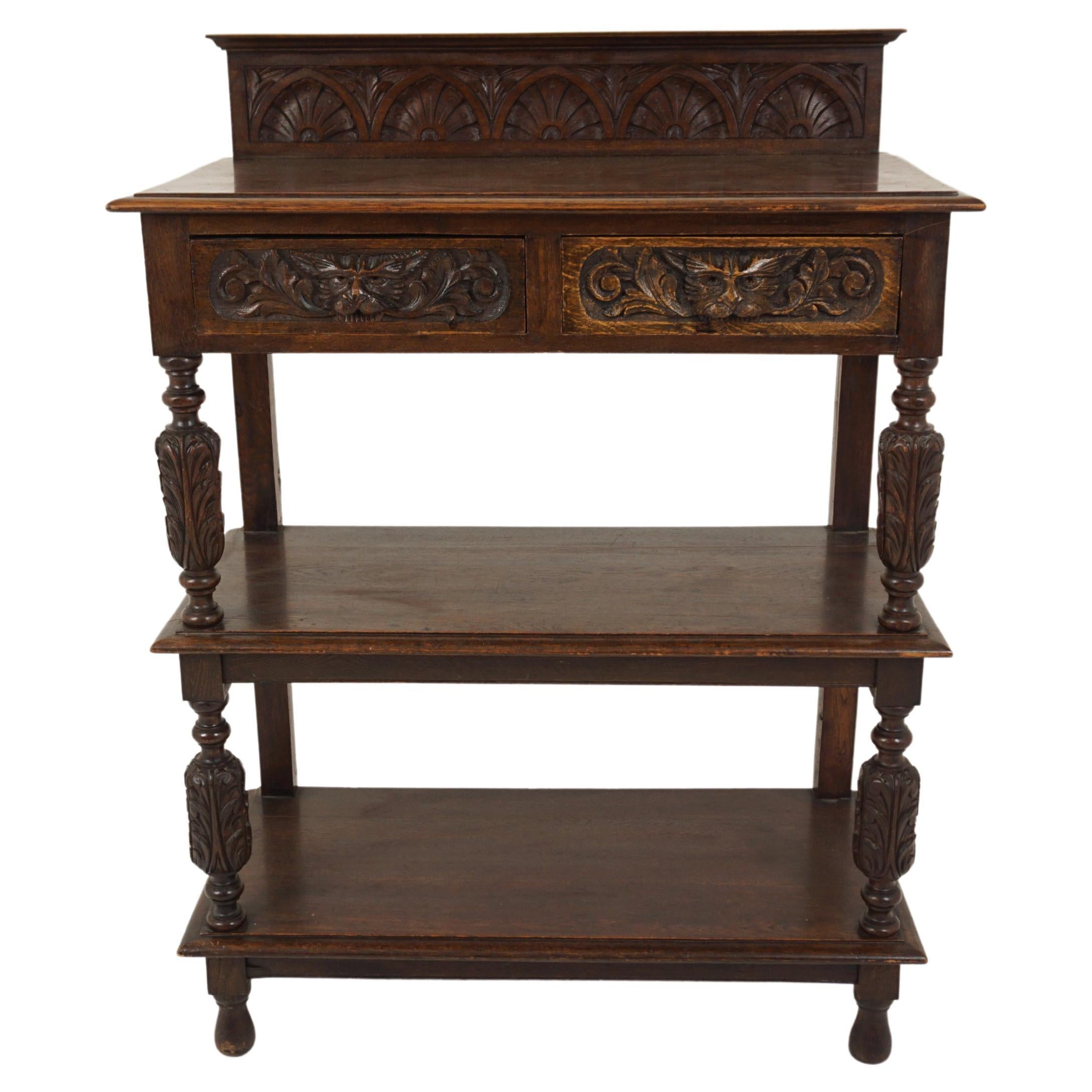 Antique Carved Oak "Green Man" 3 Tier Server, Hall Table, Scotland 1880, B2889