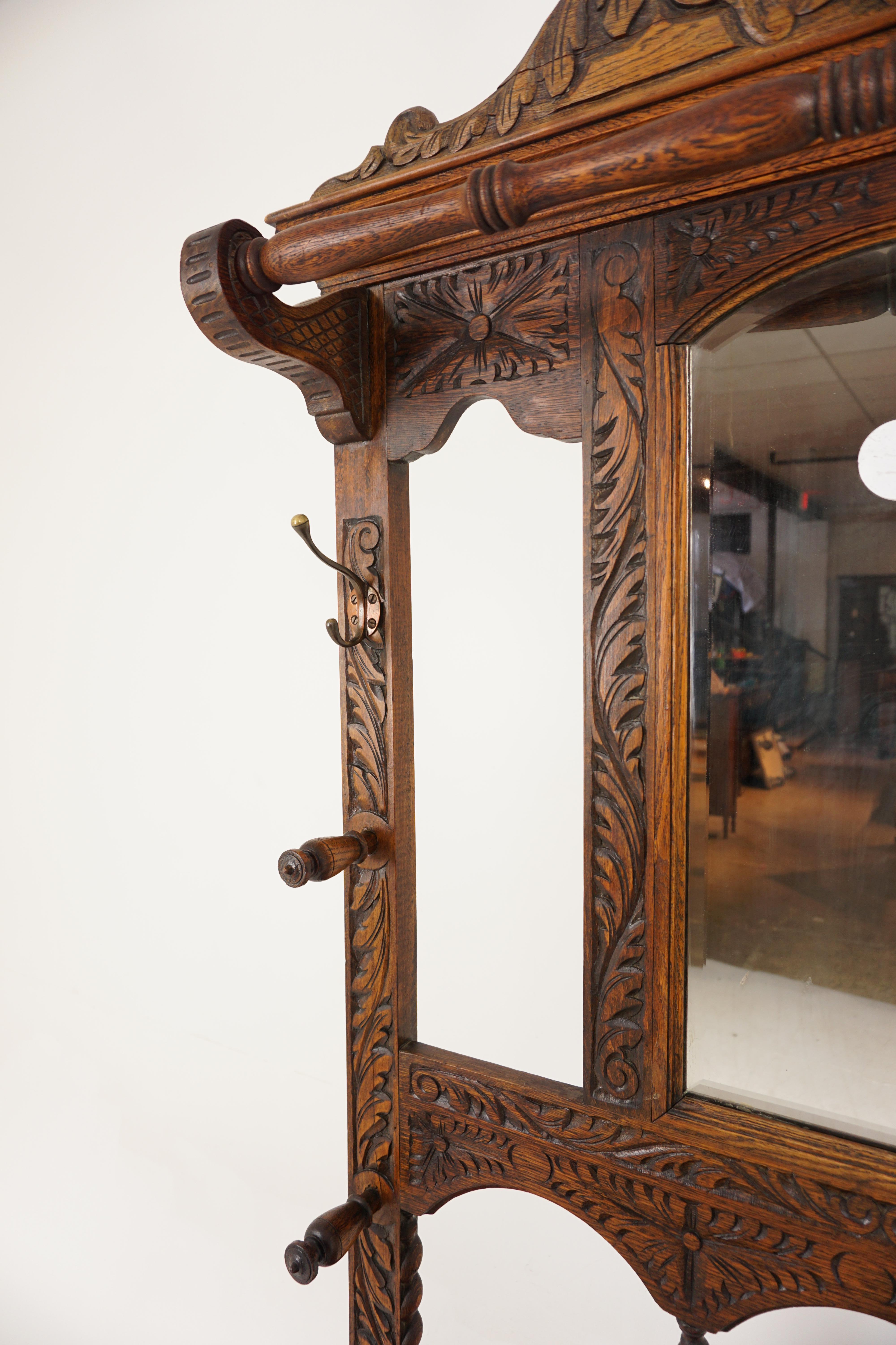Late 19th Century Antique Carved Oak Green Man Gothic Hall Stand Coat Rack, Scotland 1870, H1006