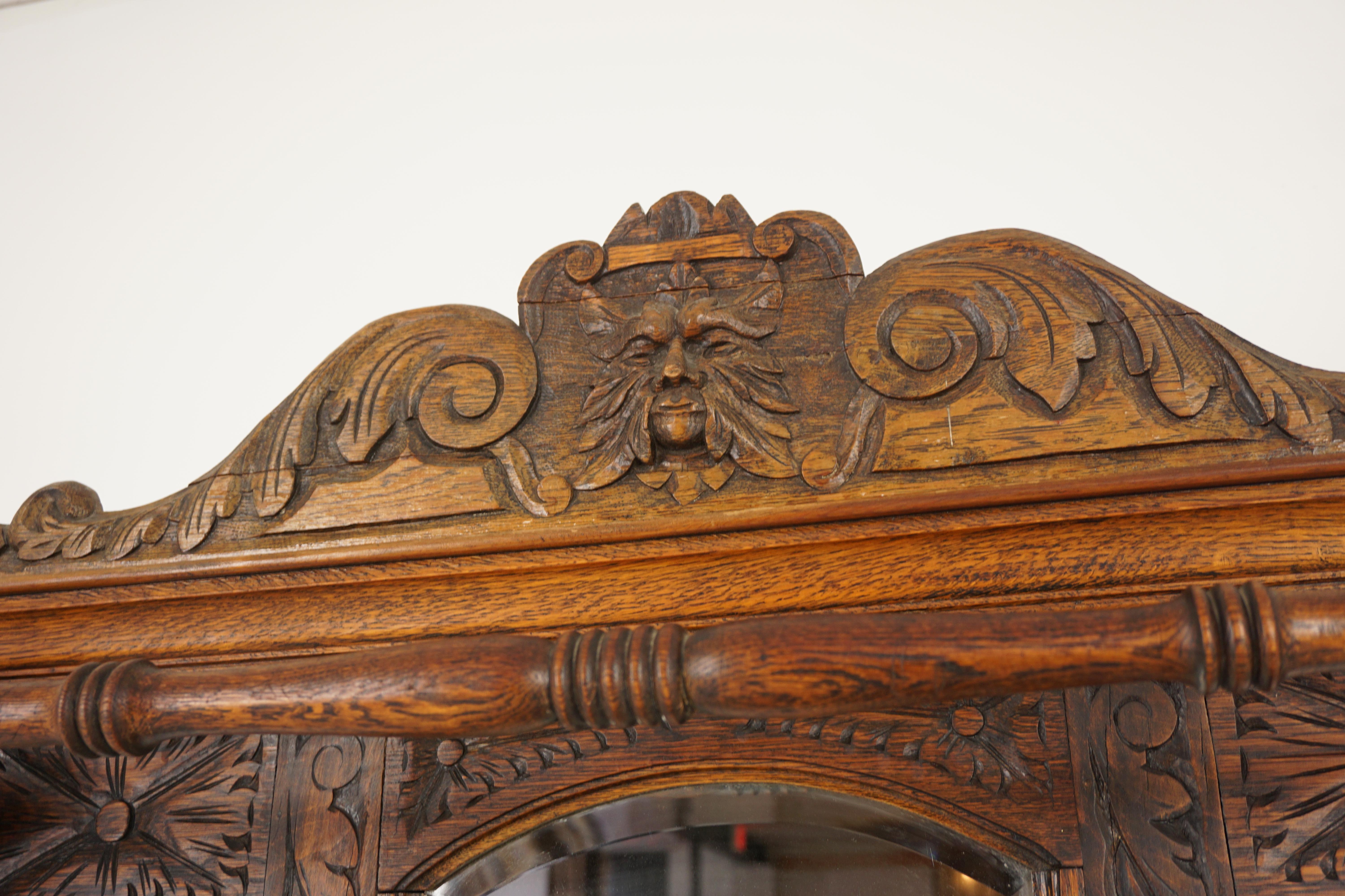 Antique Carved Oak Green Man Gothic Hall Stand Coat Rack, Scotland 1870, H1006 1