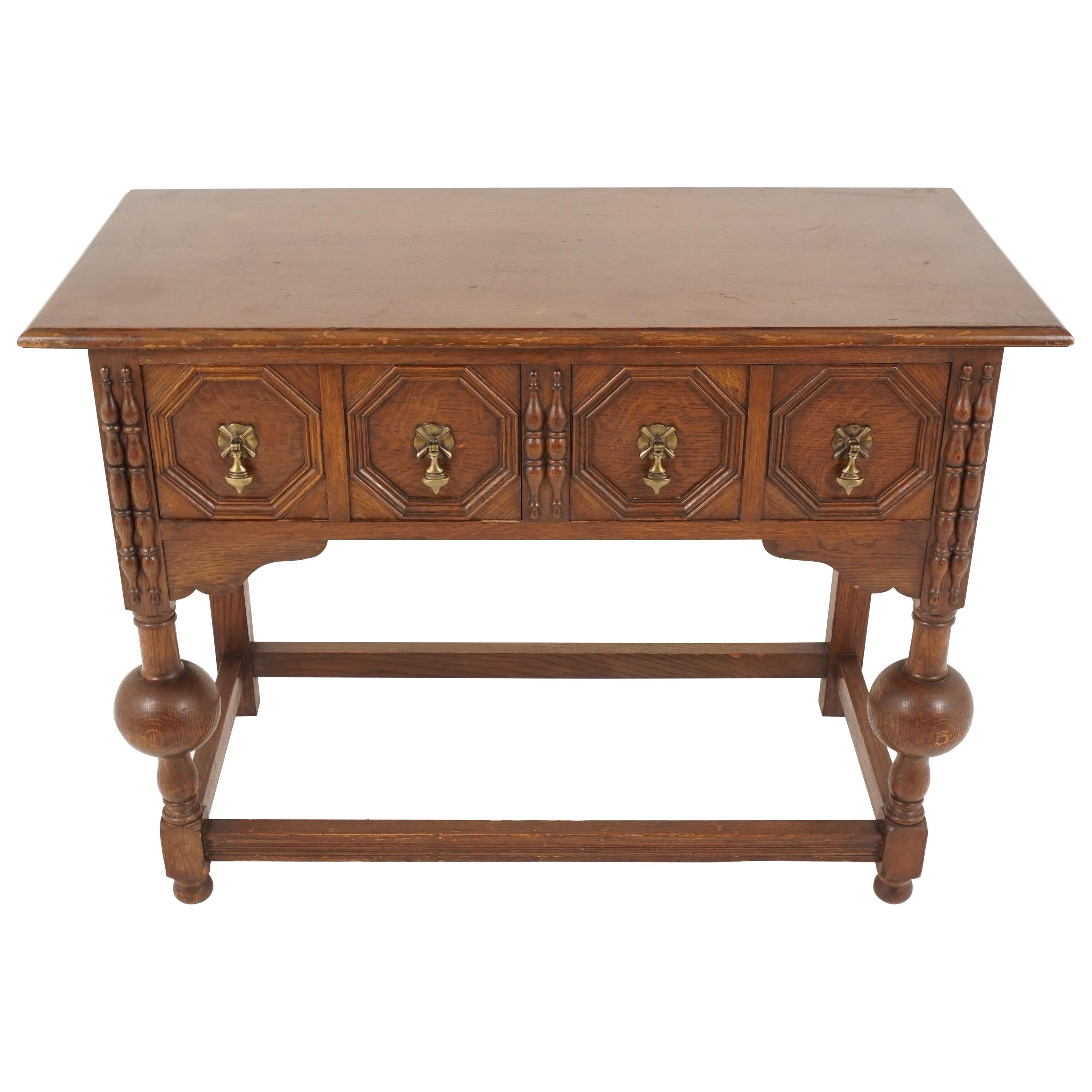 Antique Carved Oak Hall Table, Bulbous Legs, "Wylie + Lochhead" Glasgow, 1920s