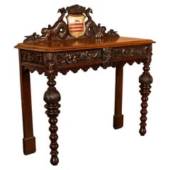 Antique Carved Oak Hall Table Skipworth Family Painted Royal Coat of Arms 1860