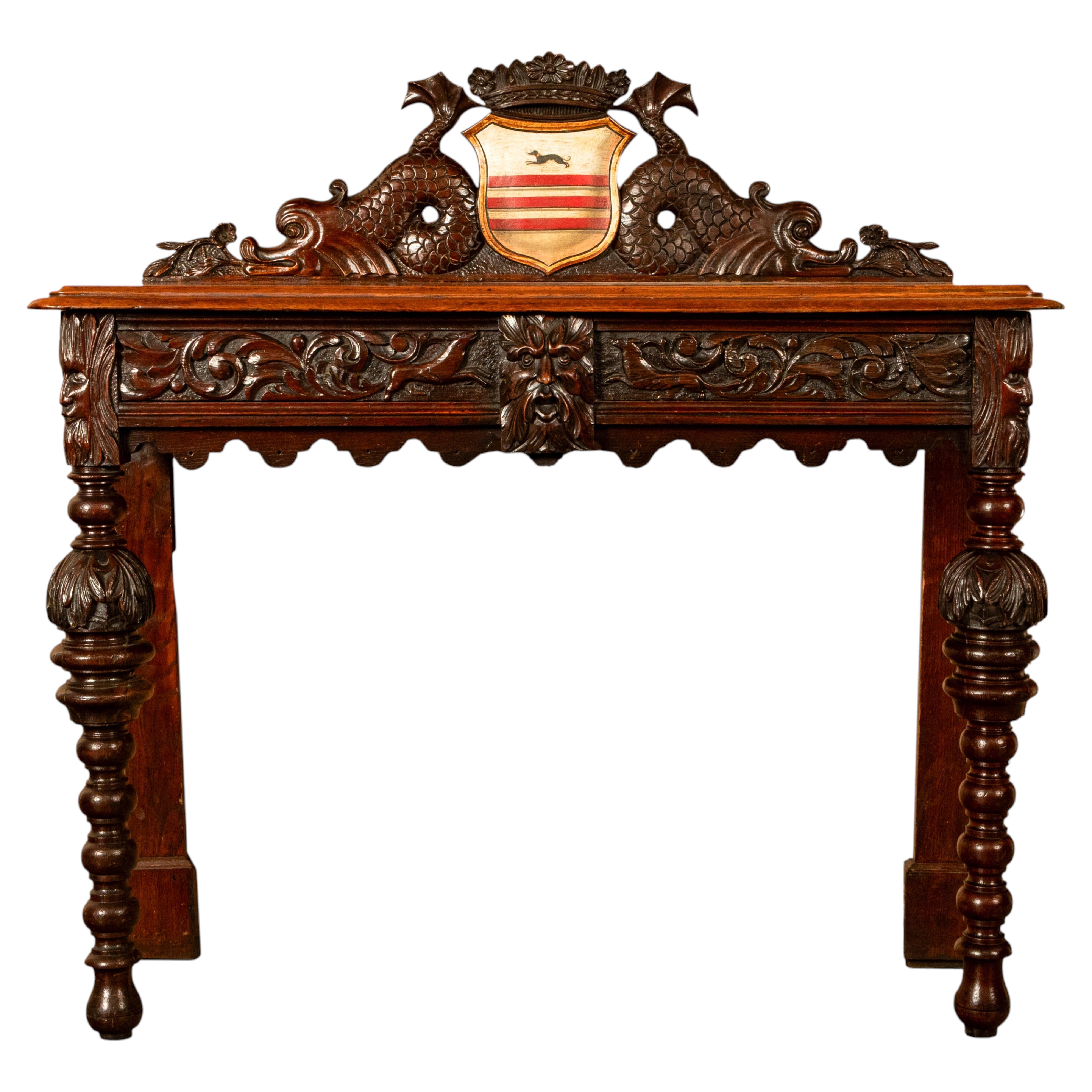 Antique Carved Oak Hall Table Skipworth Family Painted Royal Coat of Arms 1860 For Sale