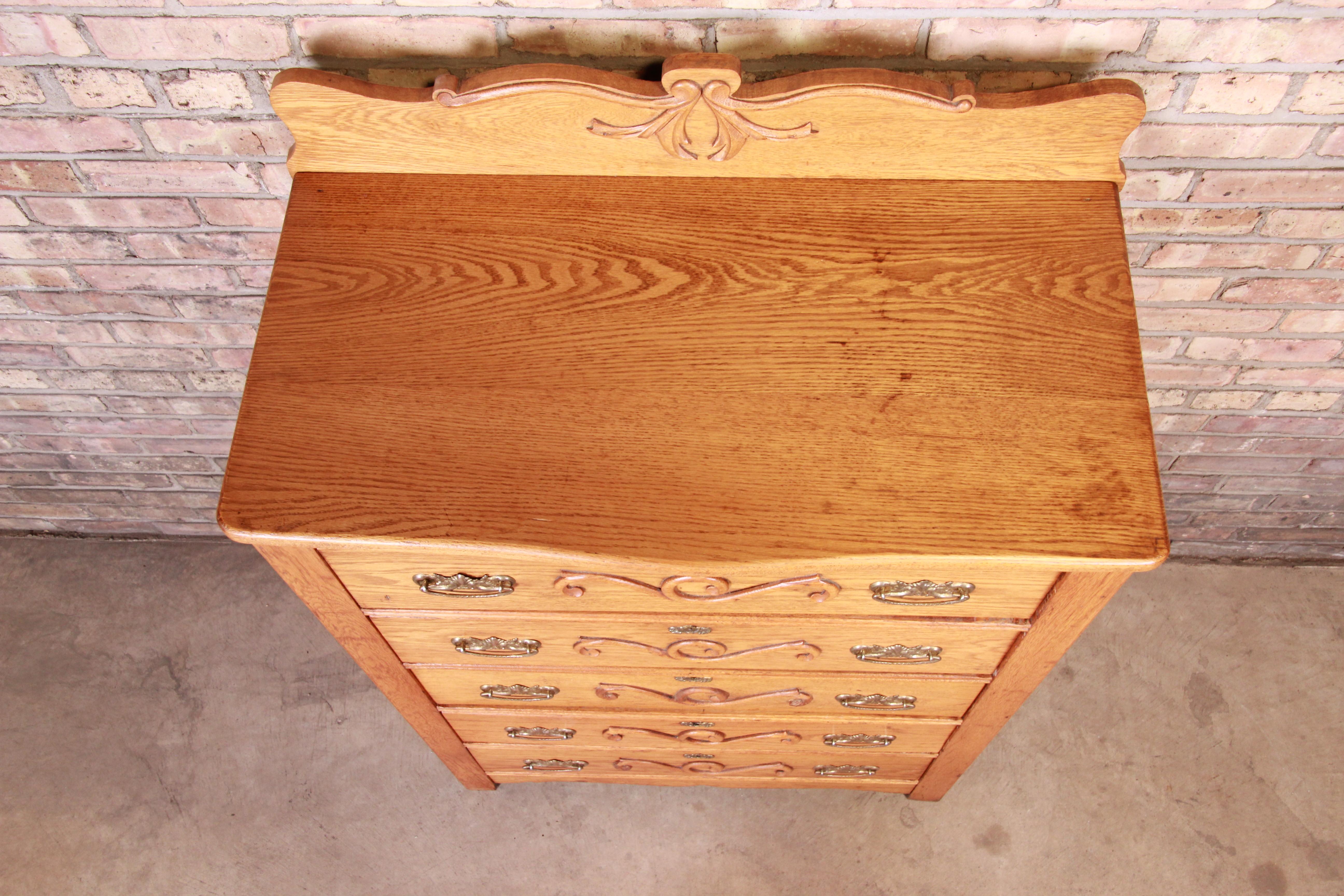 Antique Carved Oak Highboy Dresser, circa 1900 1