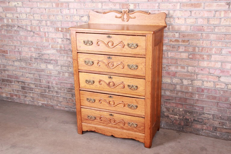 Antique Carved Oak Highboy Dresser, circa 1900 at 1stDibs