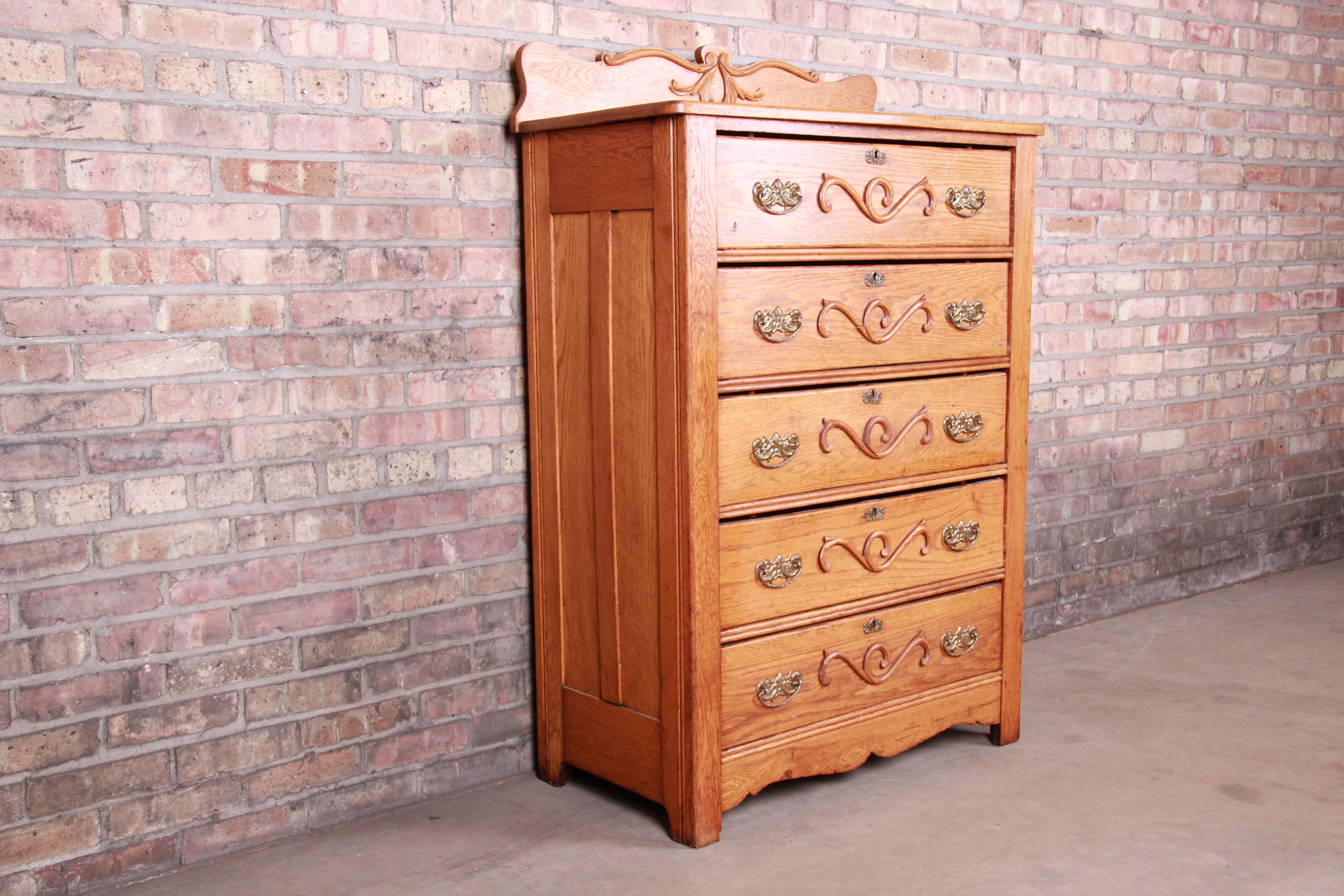 Victorian Antique Carved Oak Highboy Dresser, circa 1900