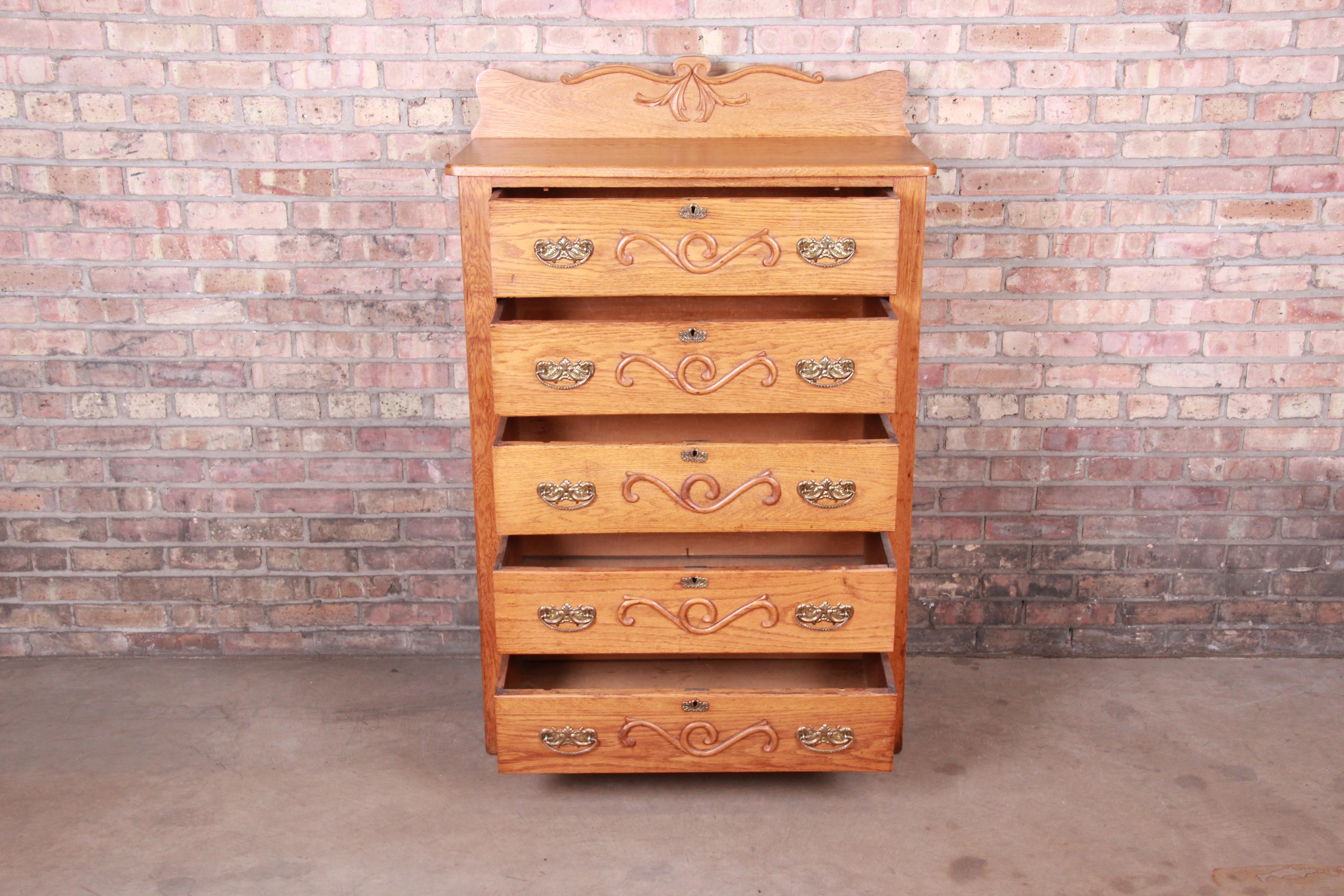 American Antique Carved Oak Highboy Dresser, circa 1900