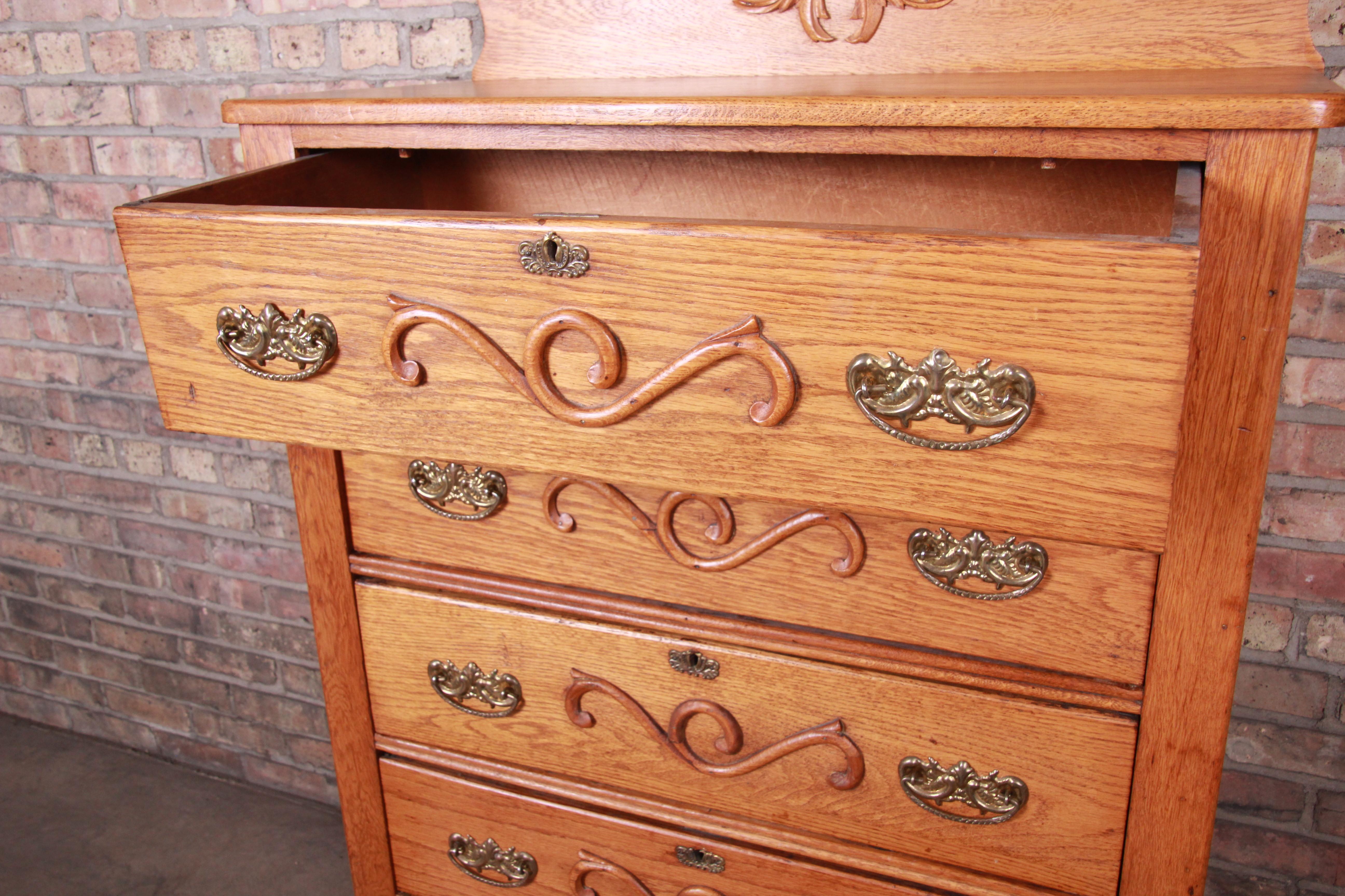 20th Century Antique Carved Oak Highboy Dresser, circa 1900