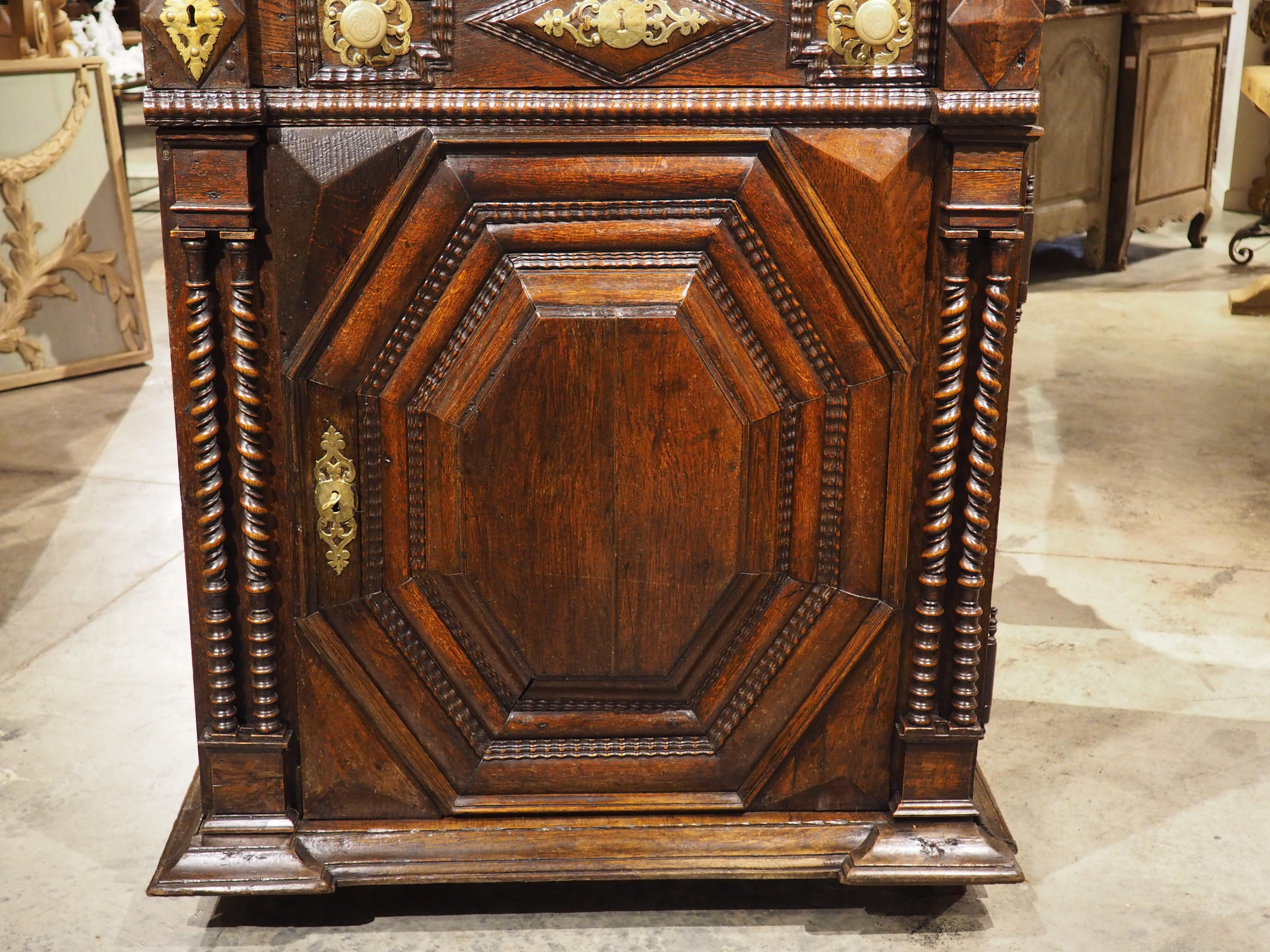 Louis XIII Antique Carved Oak Homme Debout Malouin Cabinet from St. Malo, France, C. 1700 For Sale