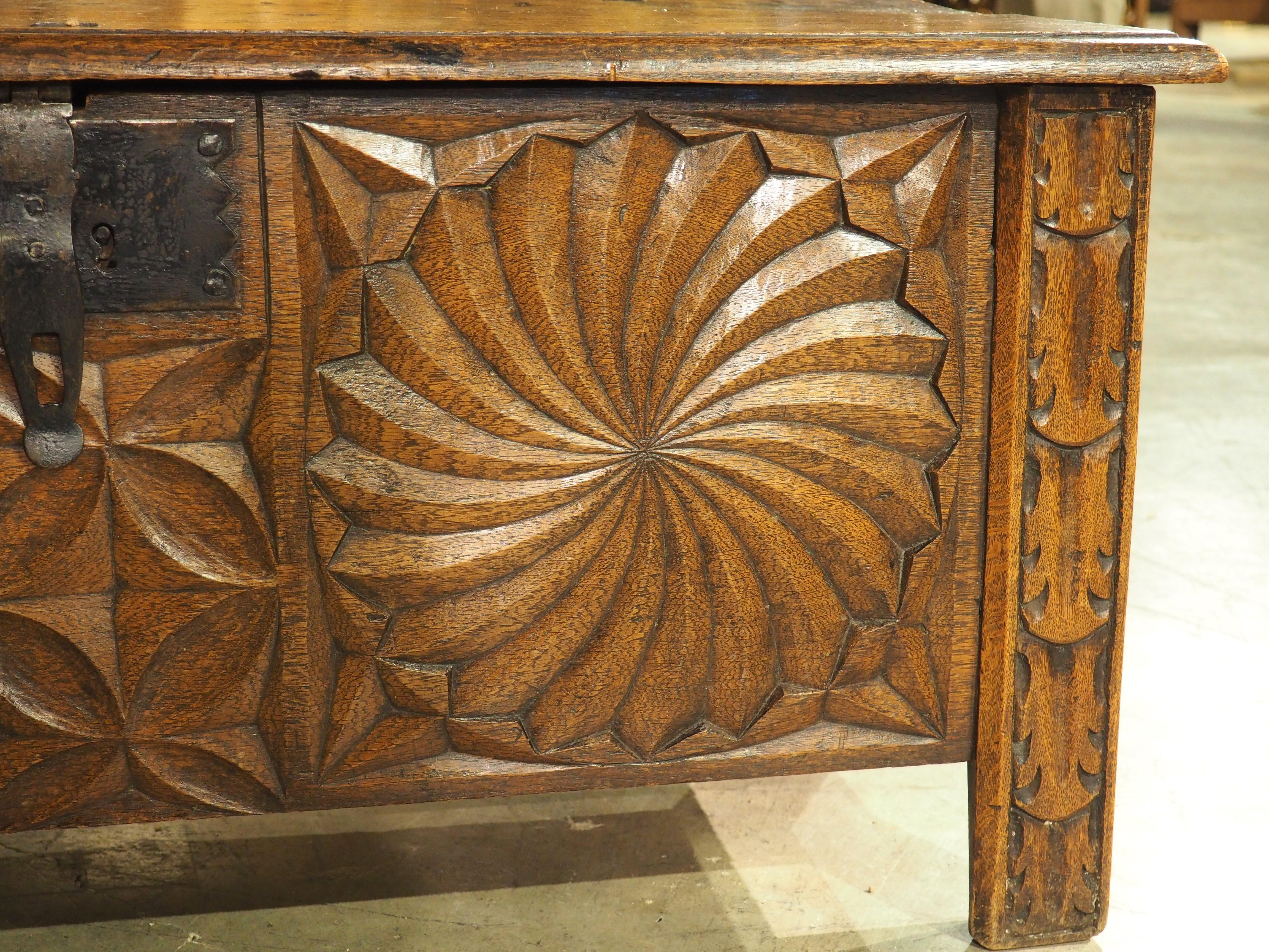 Antique Carved Oak Kutxa Trunk from the Basque Country, Early 1900s In Good Condition For Sale In Dallas, TX