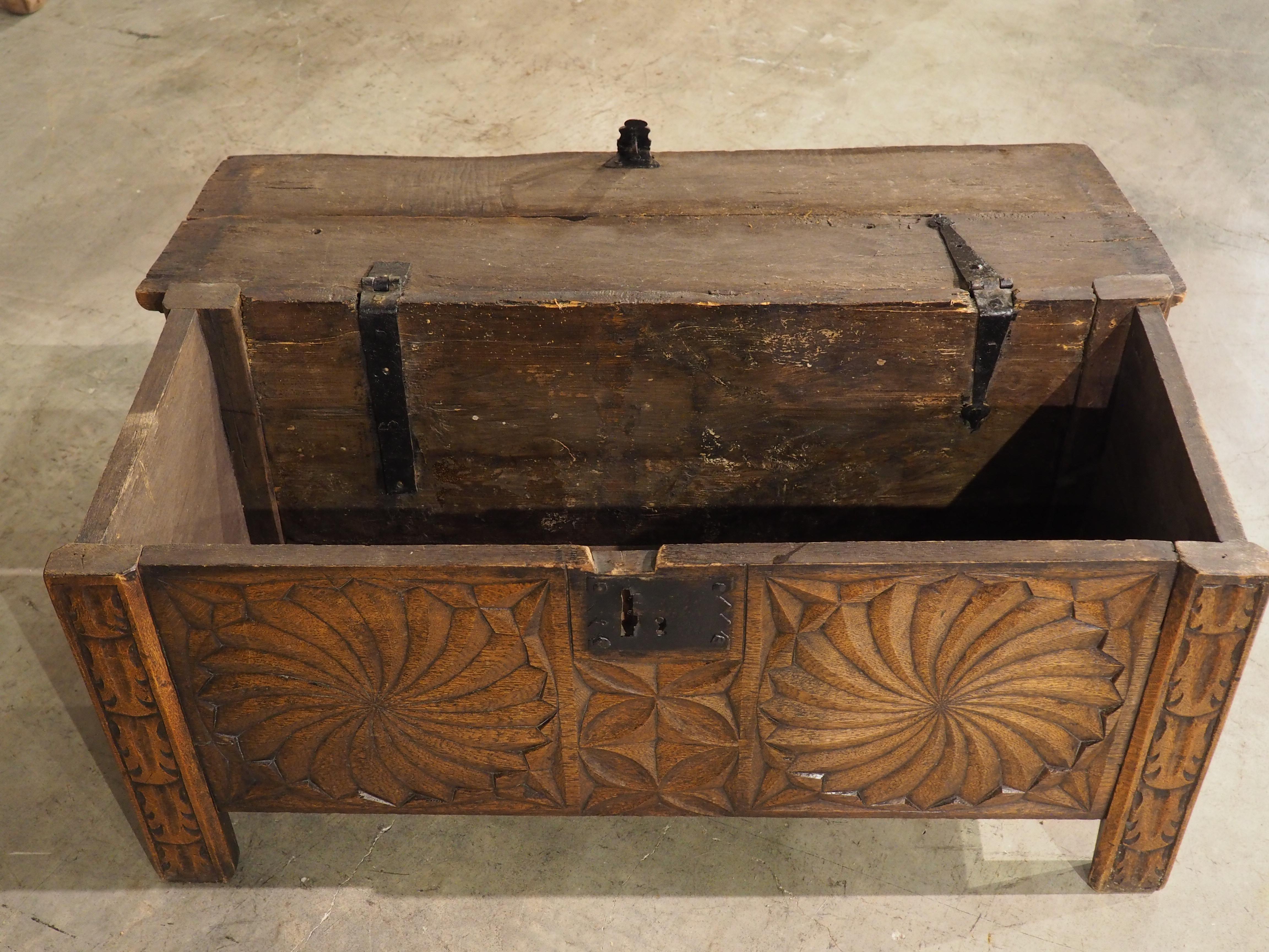 Metal Antique Carved Oak Kutxa Trunk from the Basque Country, Early 1900s For Sale