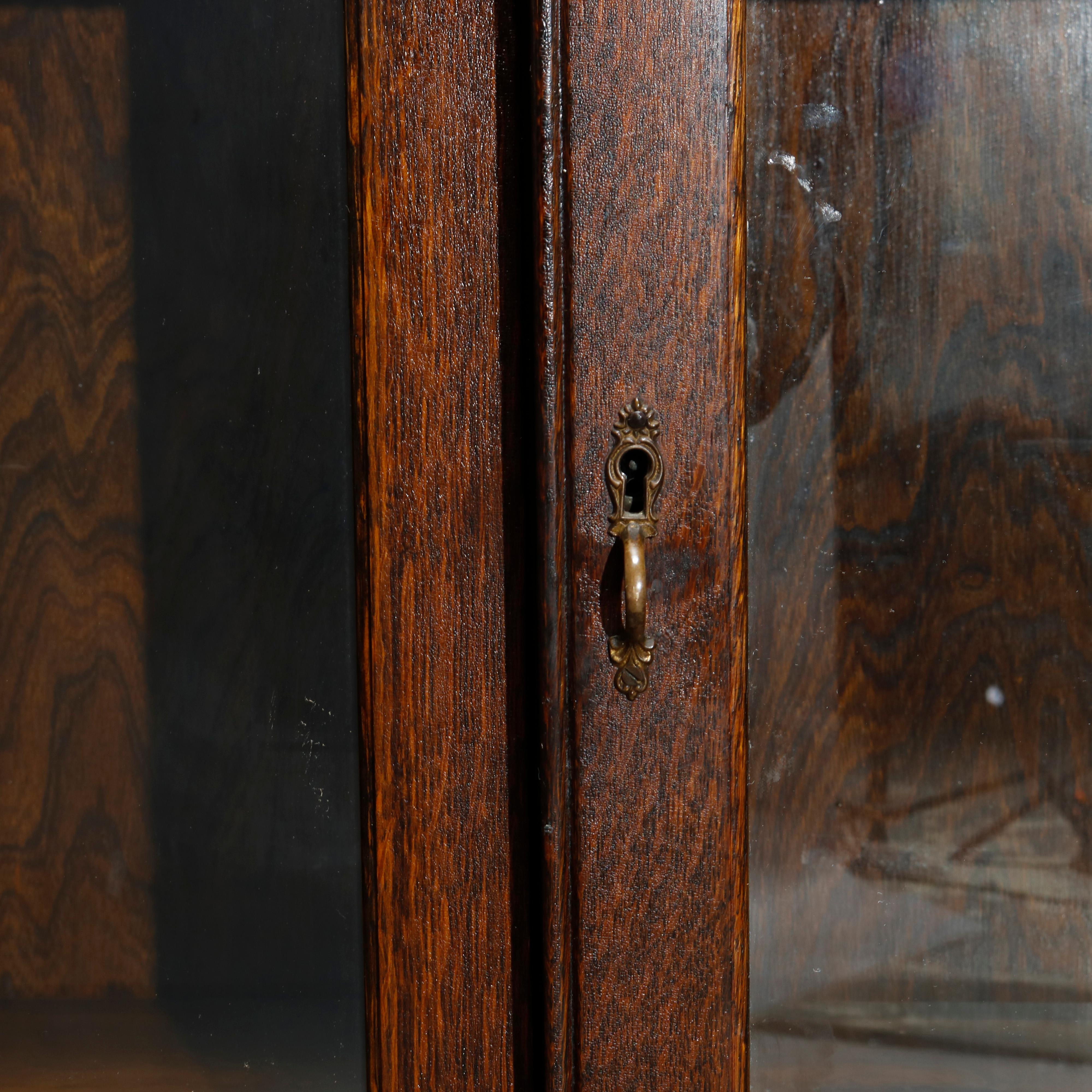 Glass Antique Carved Oak Locking Double Door Bookcase, Circa 1910