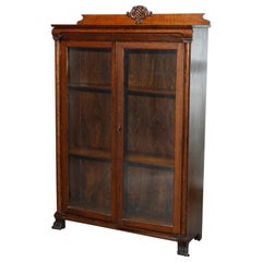 Antique Carved Oak Locking Double Door Bookcase, Circa 1910