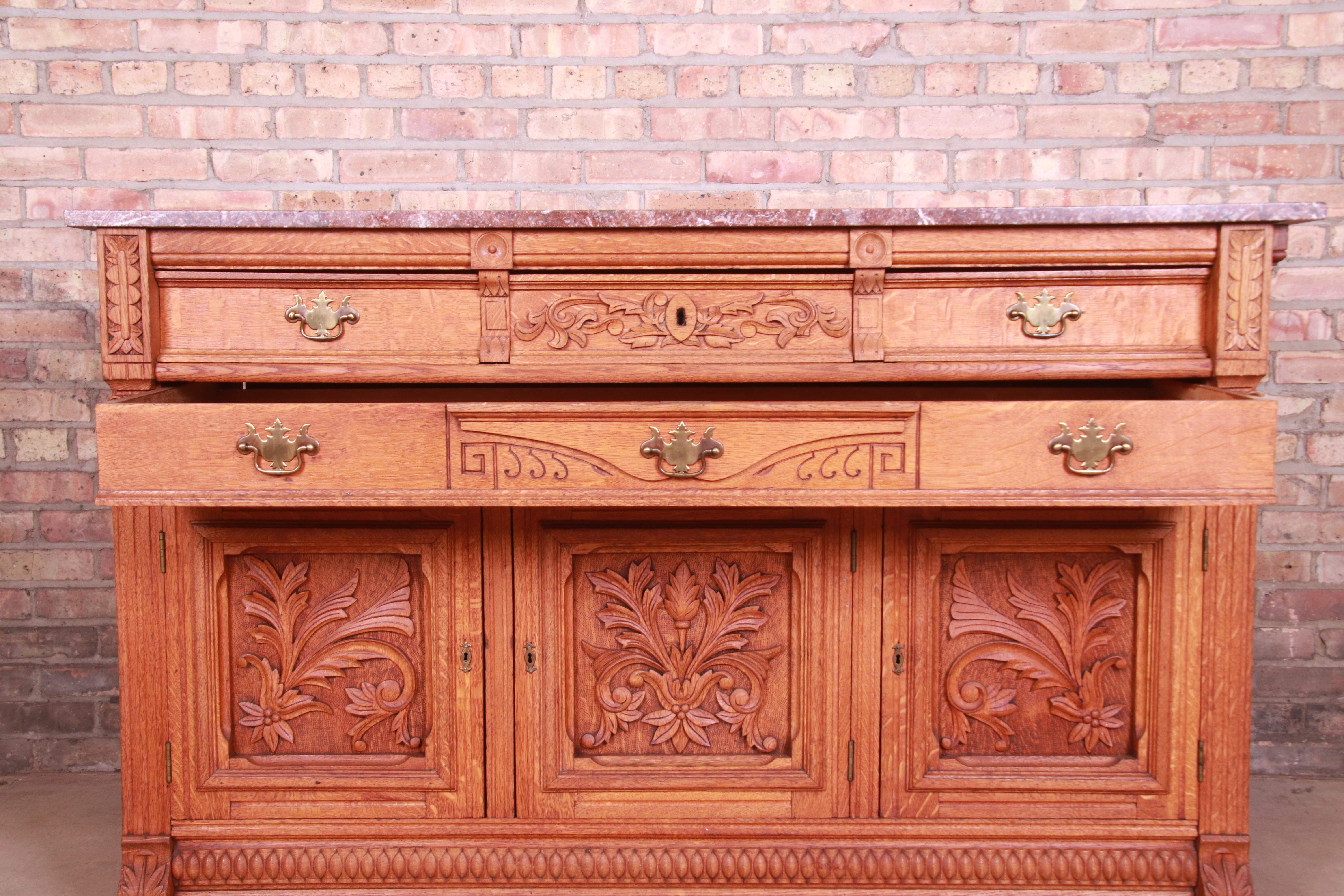 Antique Carved Oak Marble Top Sideboard Attributed to Horner, circa 1890s 3
