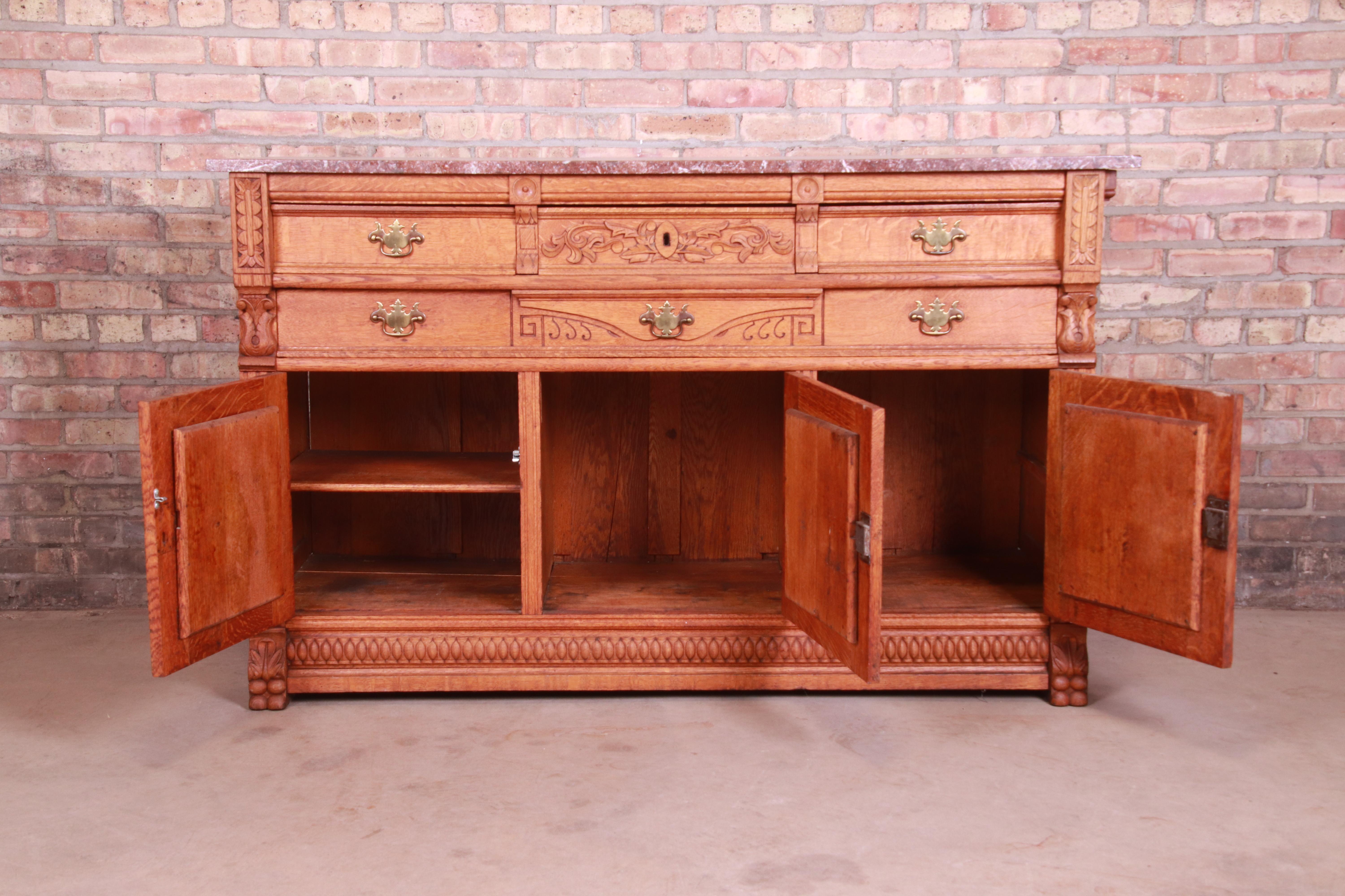 Antique Carved Oak Marble Top Sideboard Attributed to Horner, circa 1890s 5