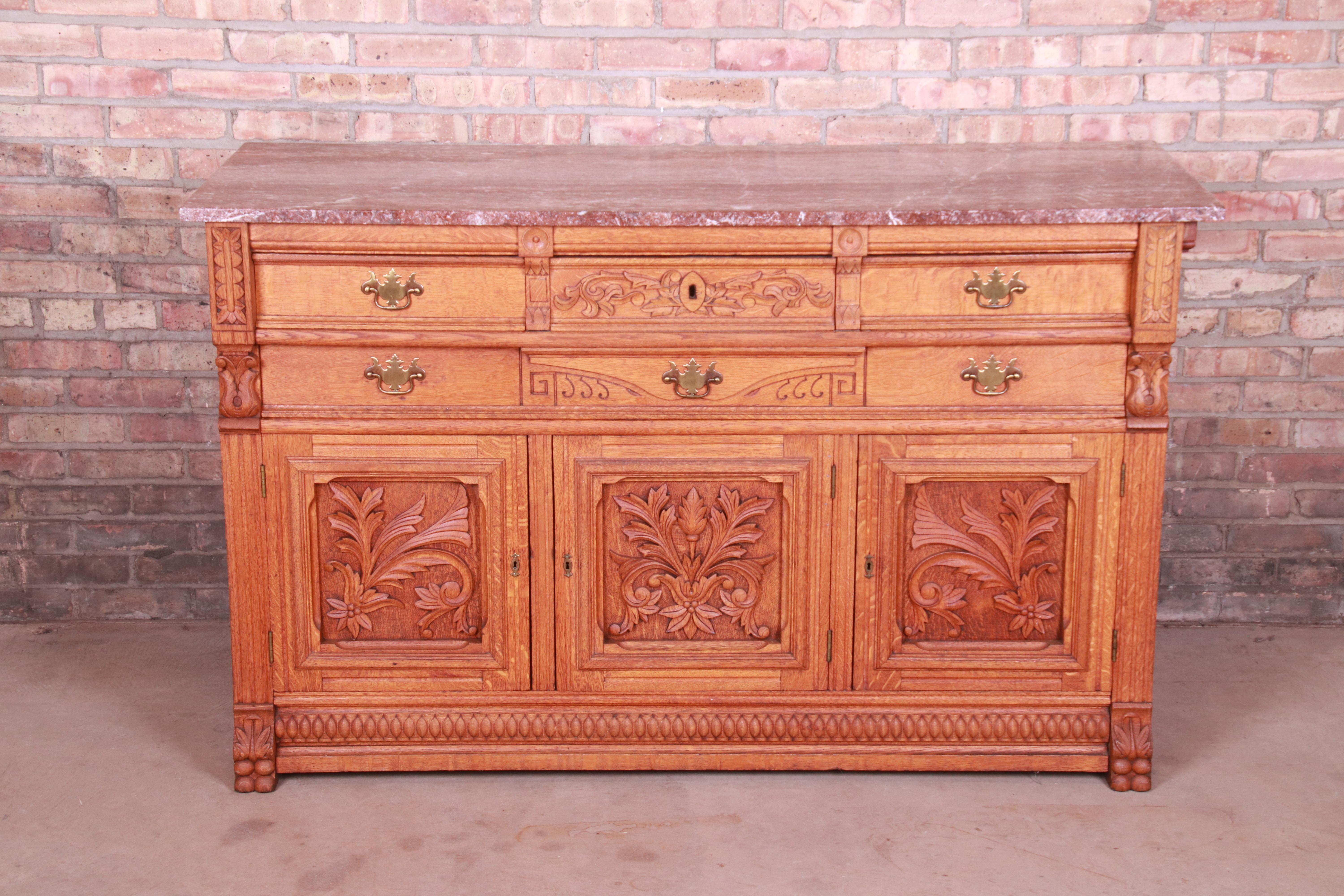 Victorian Antique Carved Oak Marble Top Sideboard Attributed to Horner, circa 1890s